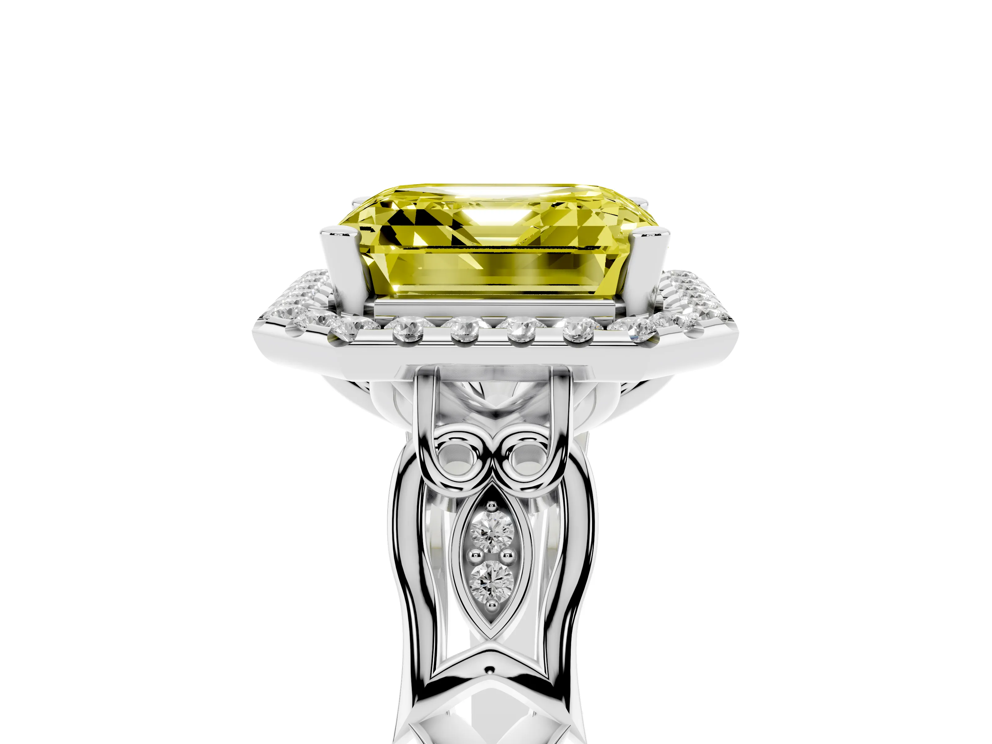 Fancy Yellow Asscher Cut Diamond Halo Engagement Ring Set in Silver with Filigree Band and Prong-Set Center