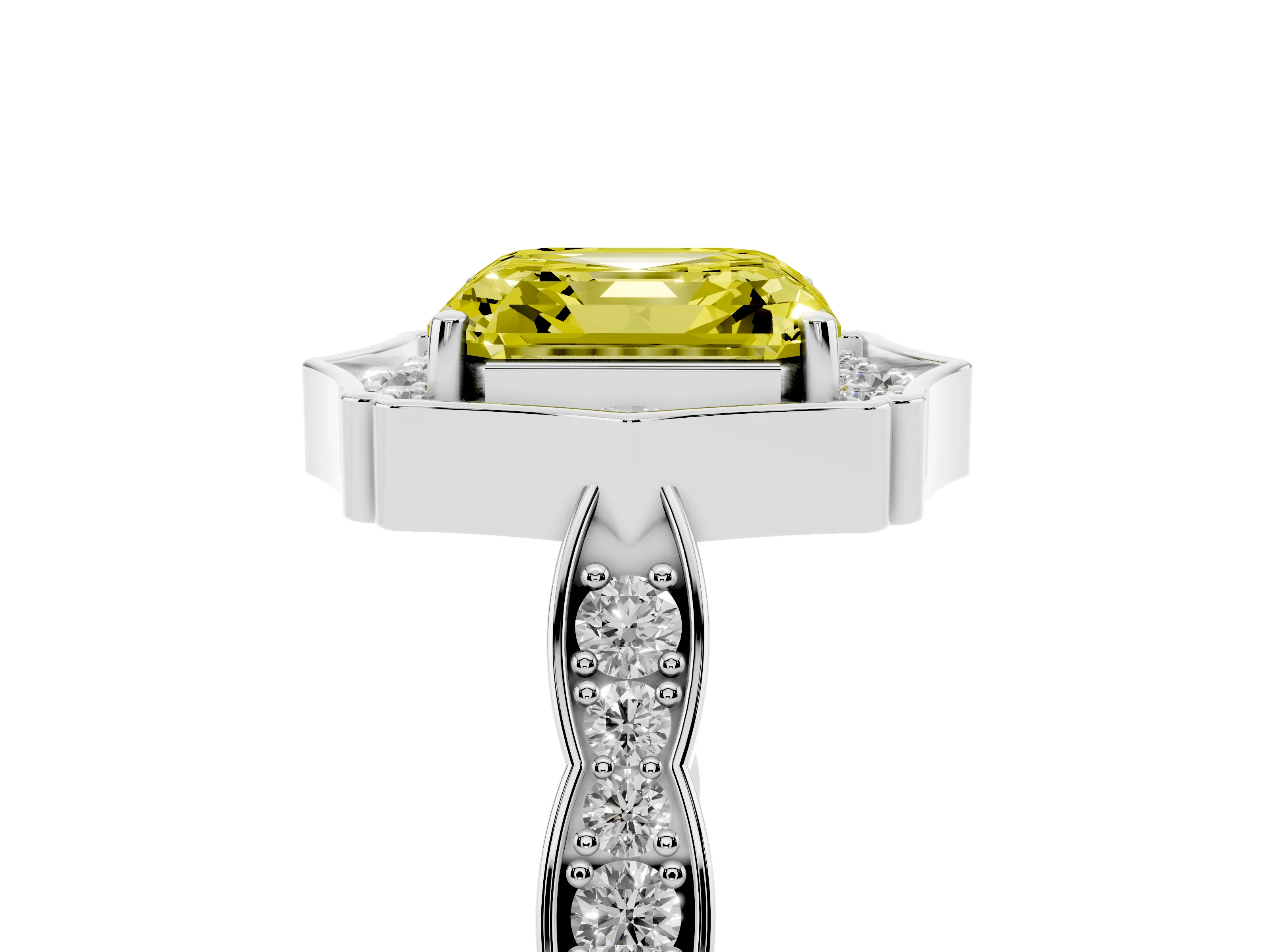 Fancy Yellow Asscher Cut Diamond Halo Engagement Ring Set in Platinum with Milgrain Band and Prong Setting
