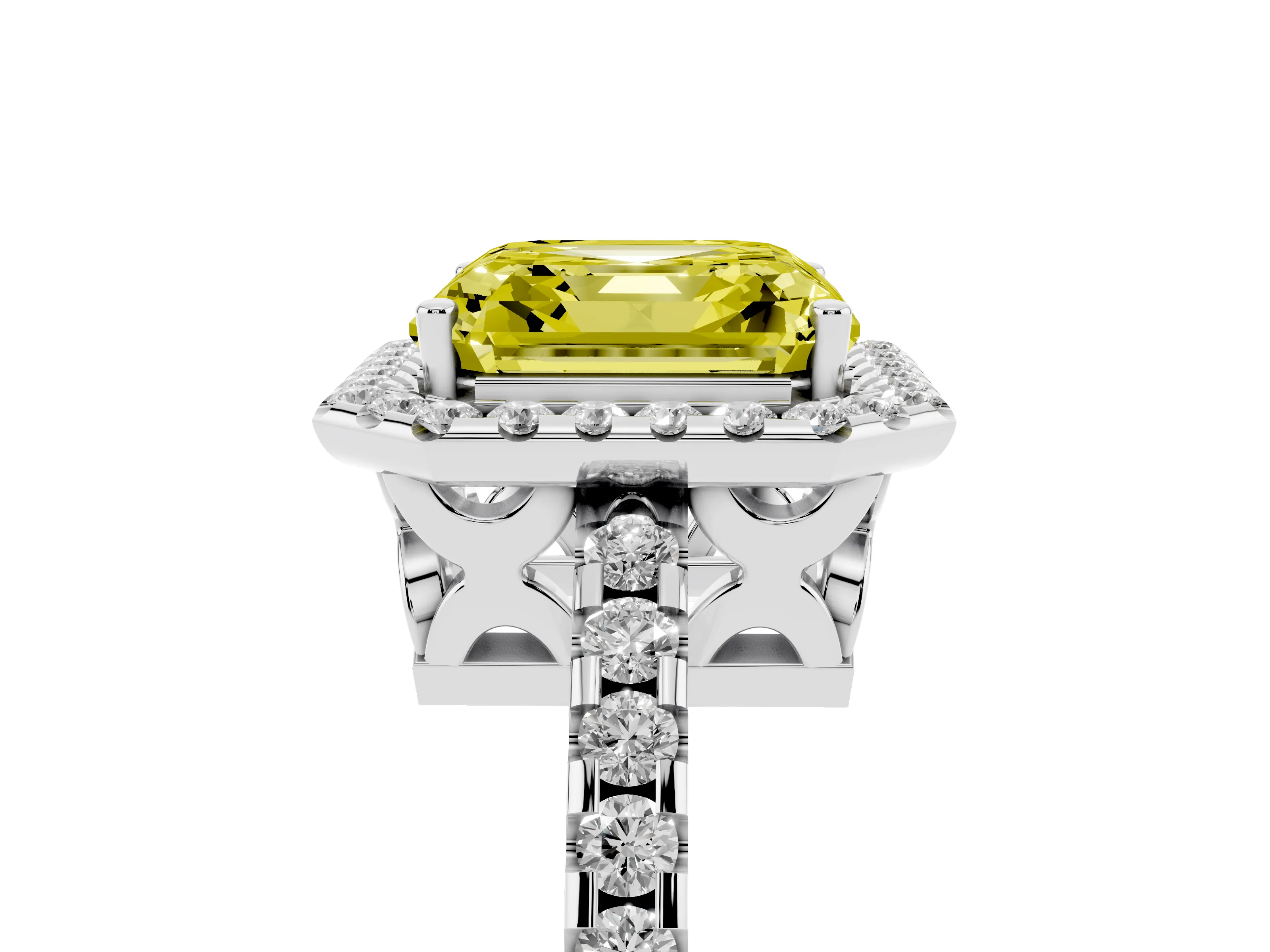 Fancy Yellow Asscher Cut Diamond Halo Ring Set in Platinum with Pavé Shoulders and Halo-Framed Center