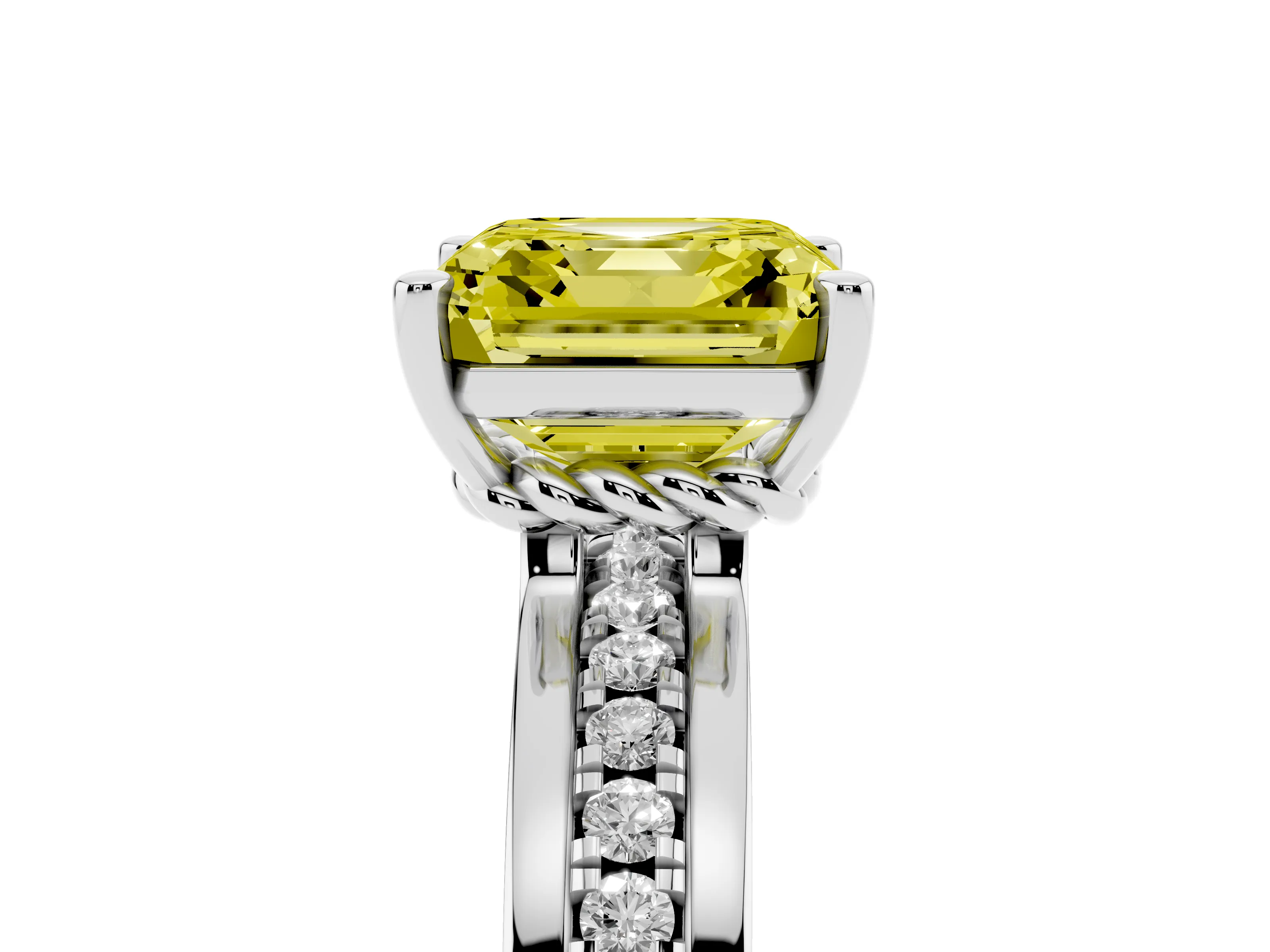 Fancy Yellow Asscher Cut Diamond Solitaire Ring Set in White gold with Channel Set Band and Prong Setting