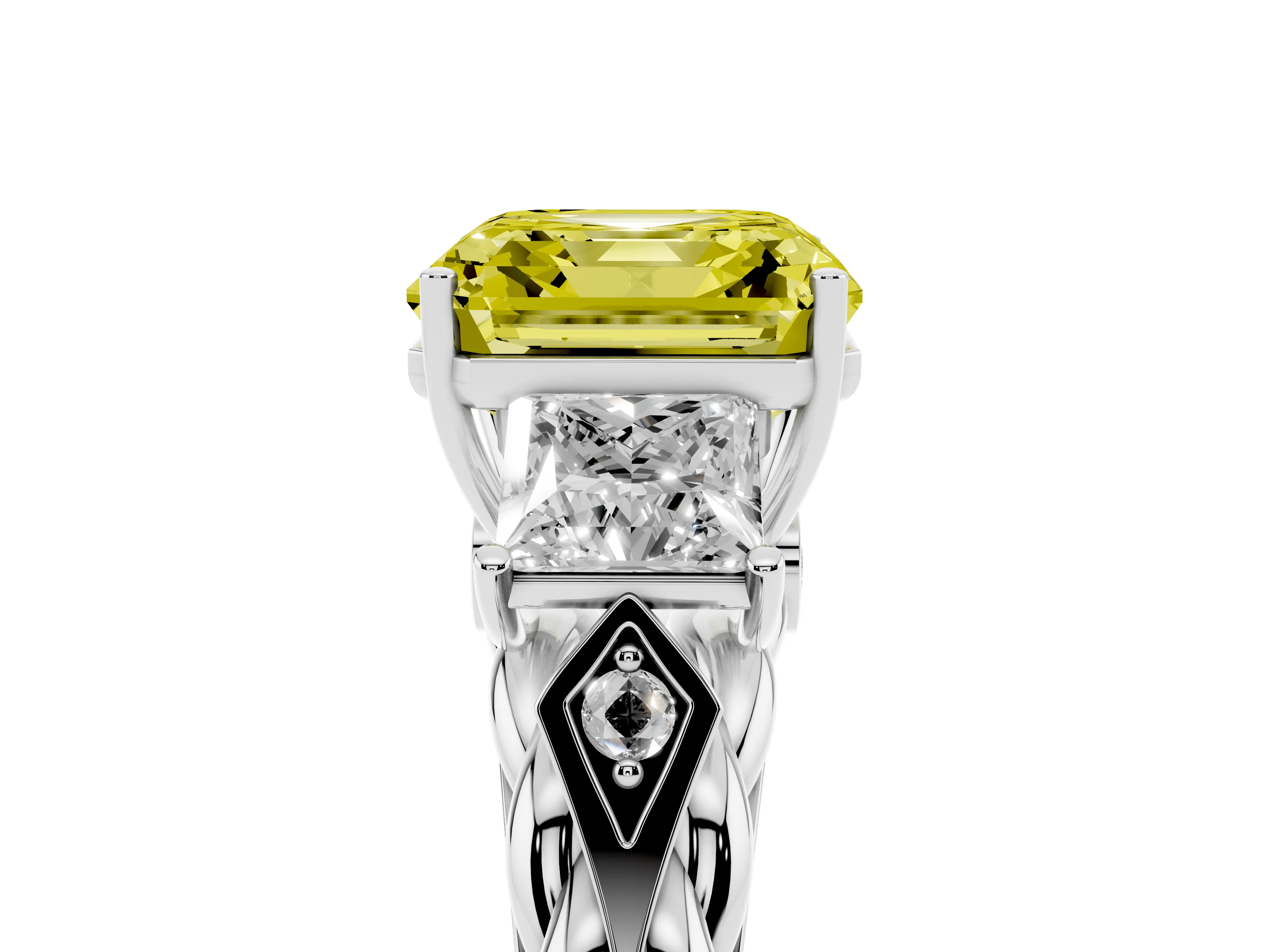 Fancy Yellow Asscher Cut Diamond Three-Stone Ring Set in White gold with Braided Band