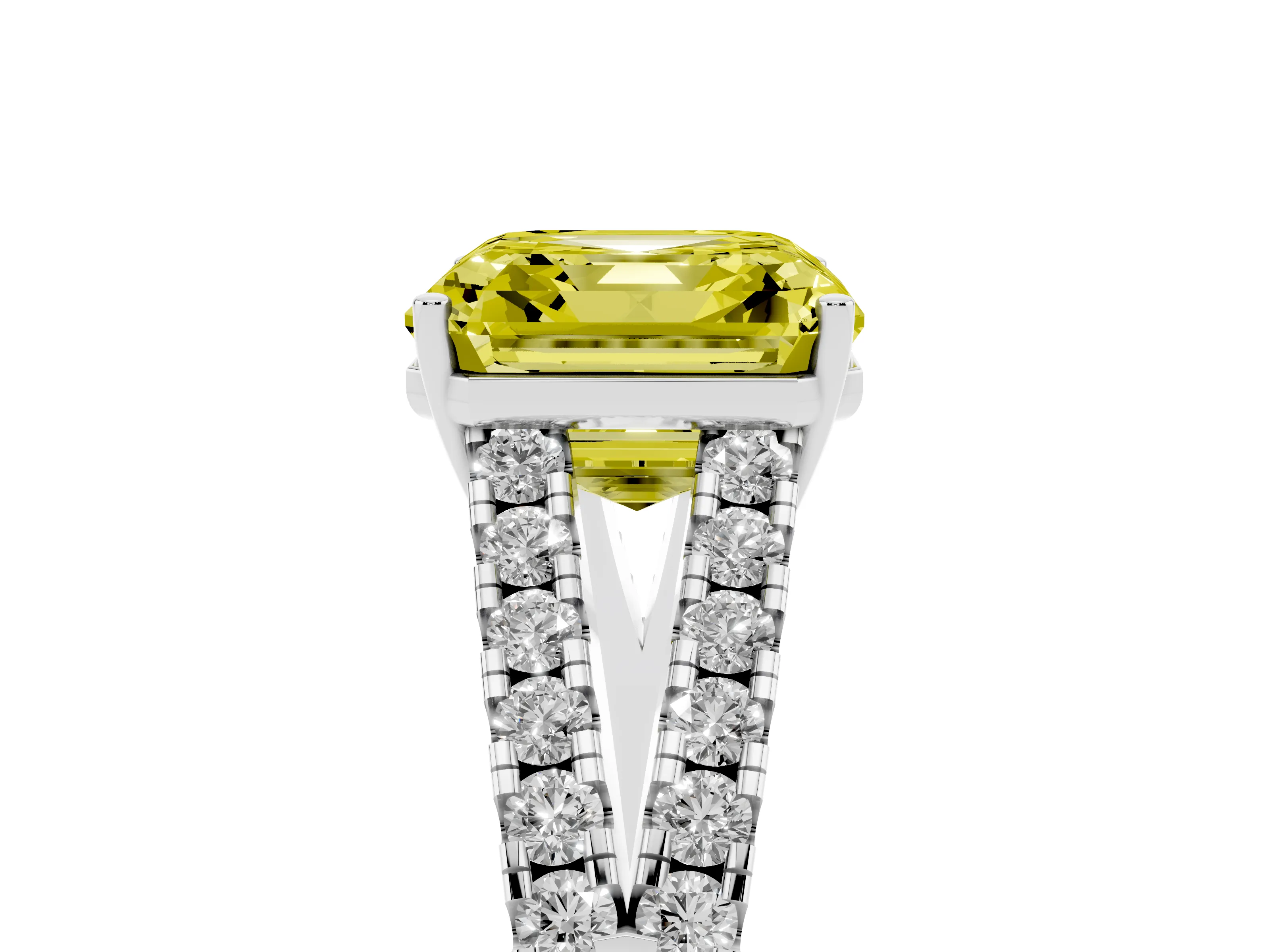 Fancy Yellow Asscher Cut Diamond Split Shank Engagement Ring Set in White gold with Round Pavé and Prong Setting
