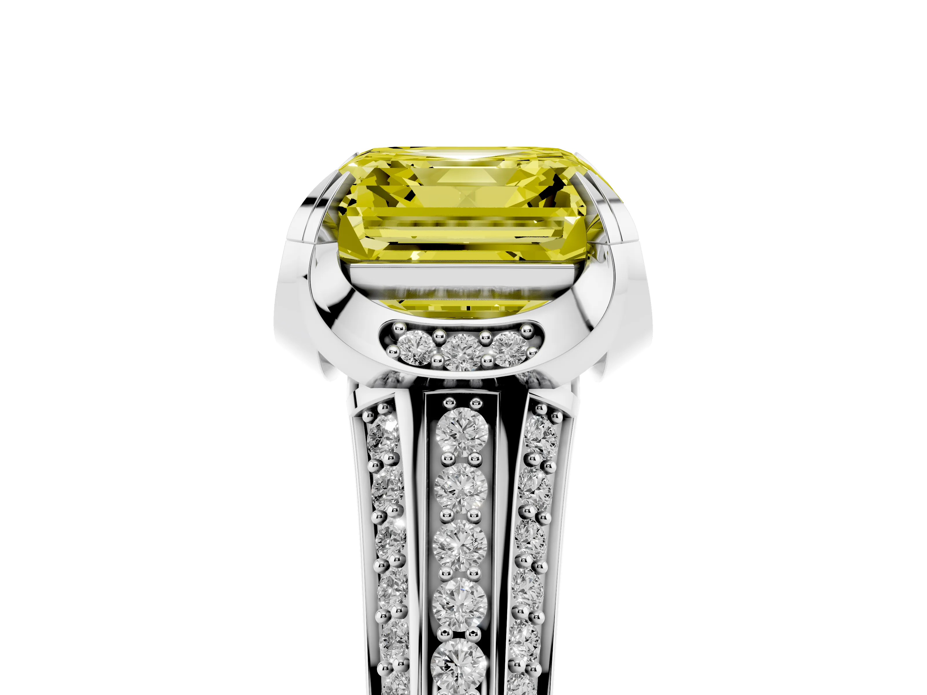 Fancy Yellow Asscher Cut Diamond Pavé Split Shank Solitaire Ring Set in Platinum with Prong Setting