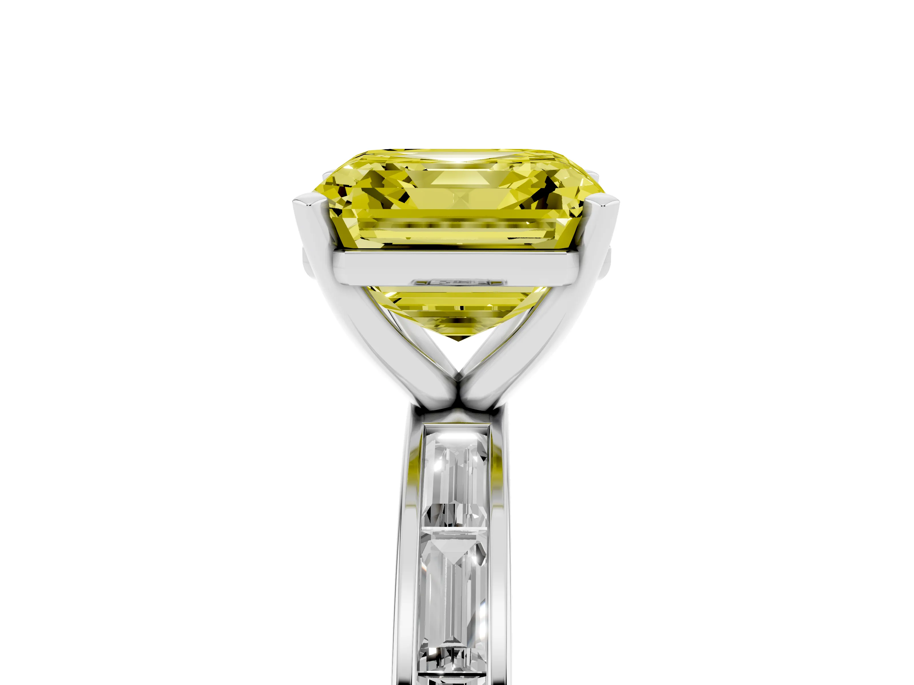 Fancy Yellow Asscher Cut Diamond Solitaire Ring Set in White gold with Channel-Set Baguette Band and Prong Setting