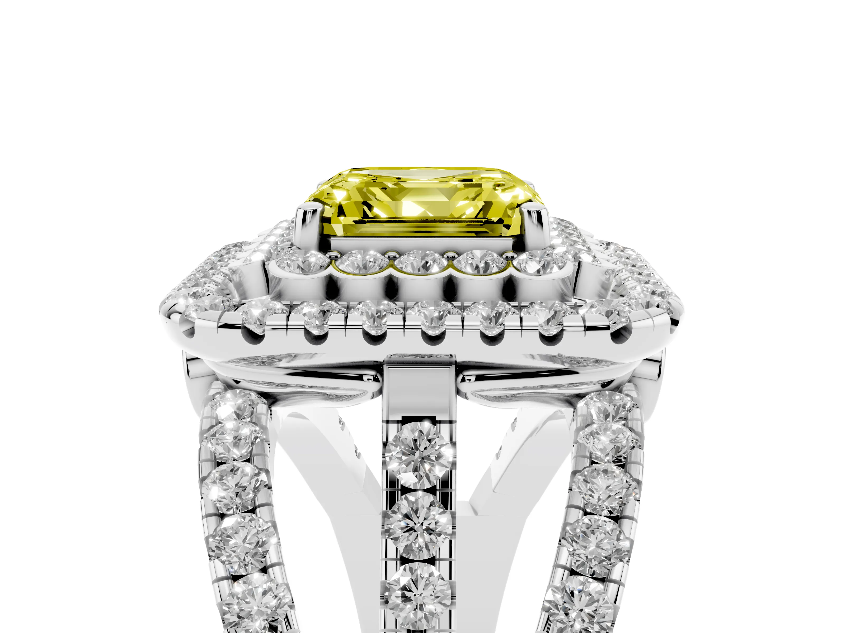 Fancy Yellow Asscher Cut Diamond Double Halo Ring Set in White gold with Round Pavé Split Shank