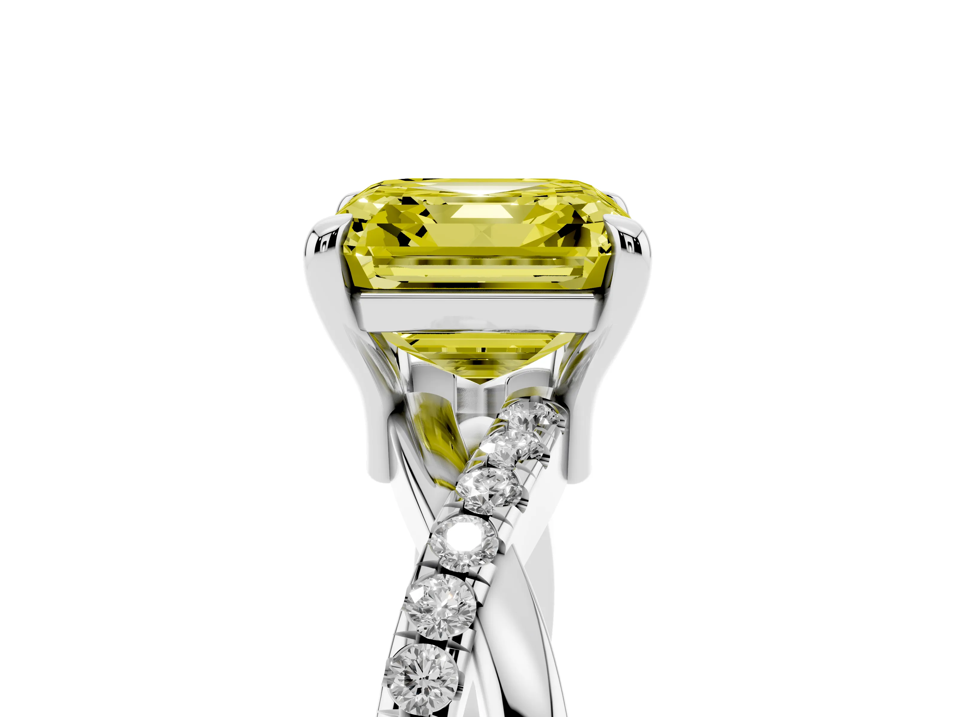 Fancy Yellow Asscher Cut Diamond Twist Band Pavé Solitaire Ring Set in White gold with Prong Setting