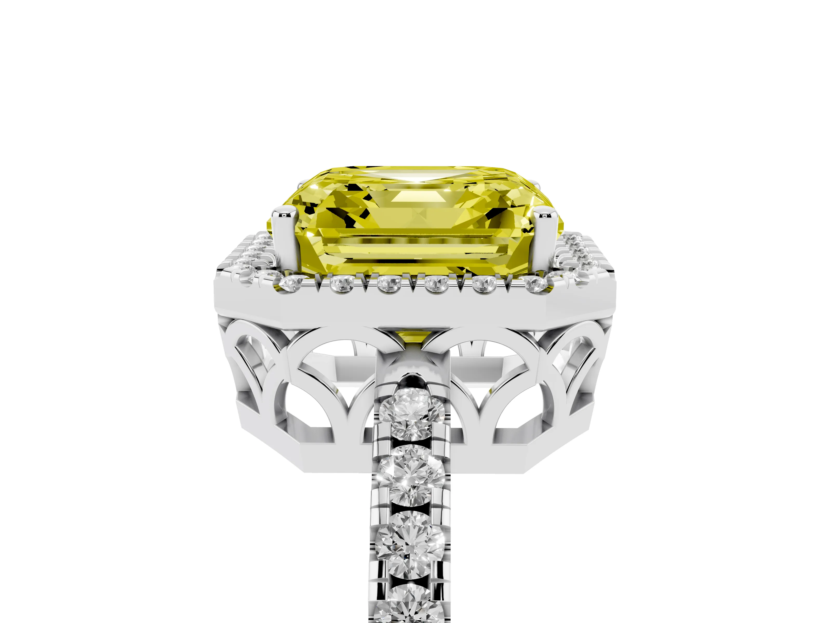 Fancy Yellow Asscher Cut Diamond Pavé Band Halo Engagement Ring Set in White gold with Prong Setting