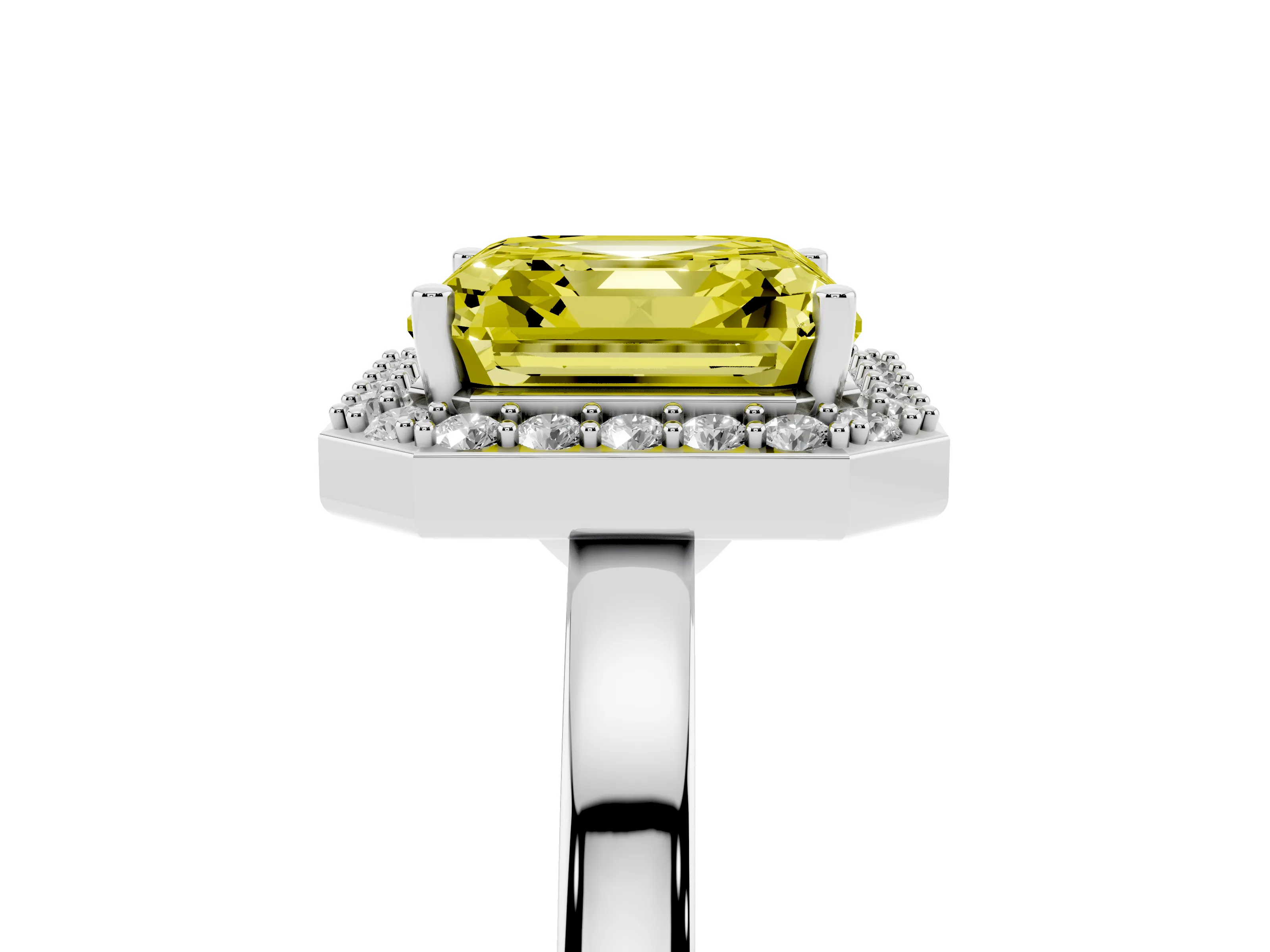 Fancy Yellow Asscher Cut Diamond Halo Ring Set in White gold with Solitaire Band and Prong Setting