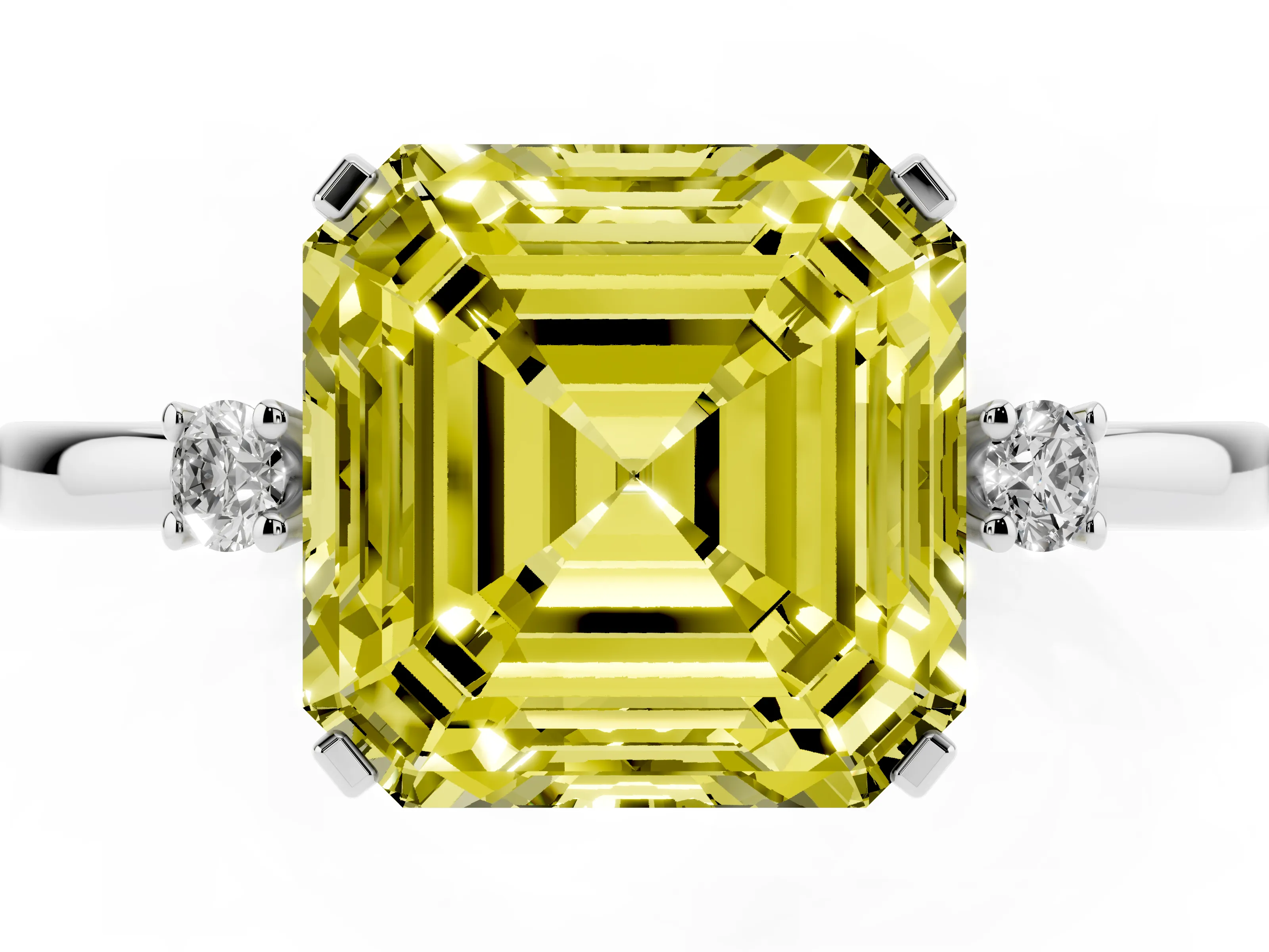 Fancy Yellow Three-Stone Asscher Cut Diamond Solitaire Ring Set in Platinum with Round Accent Stones and Prong Setting