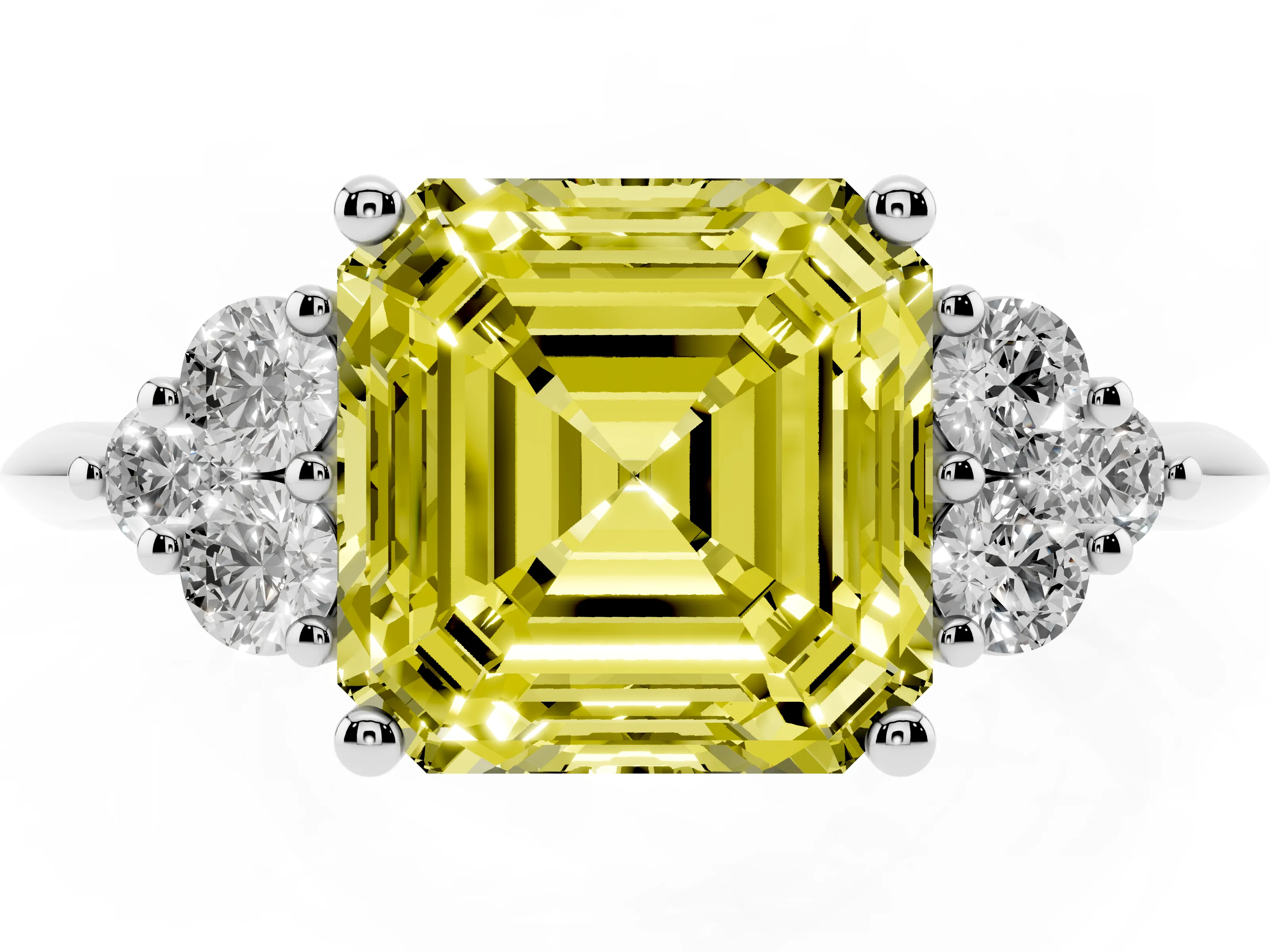Fancy Yellow Asscher Cut Diamond Cluster Ring Set in White gold with Plain Band and Prong Setting