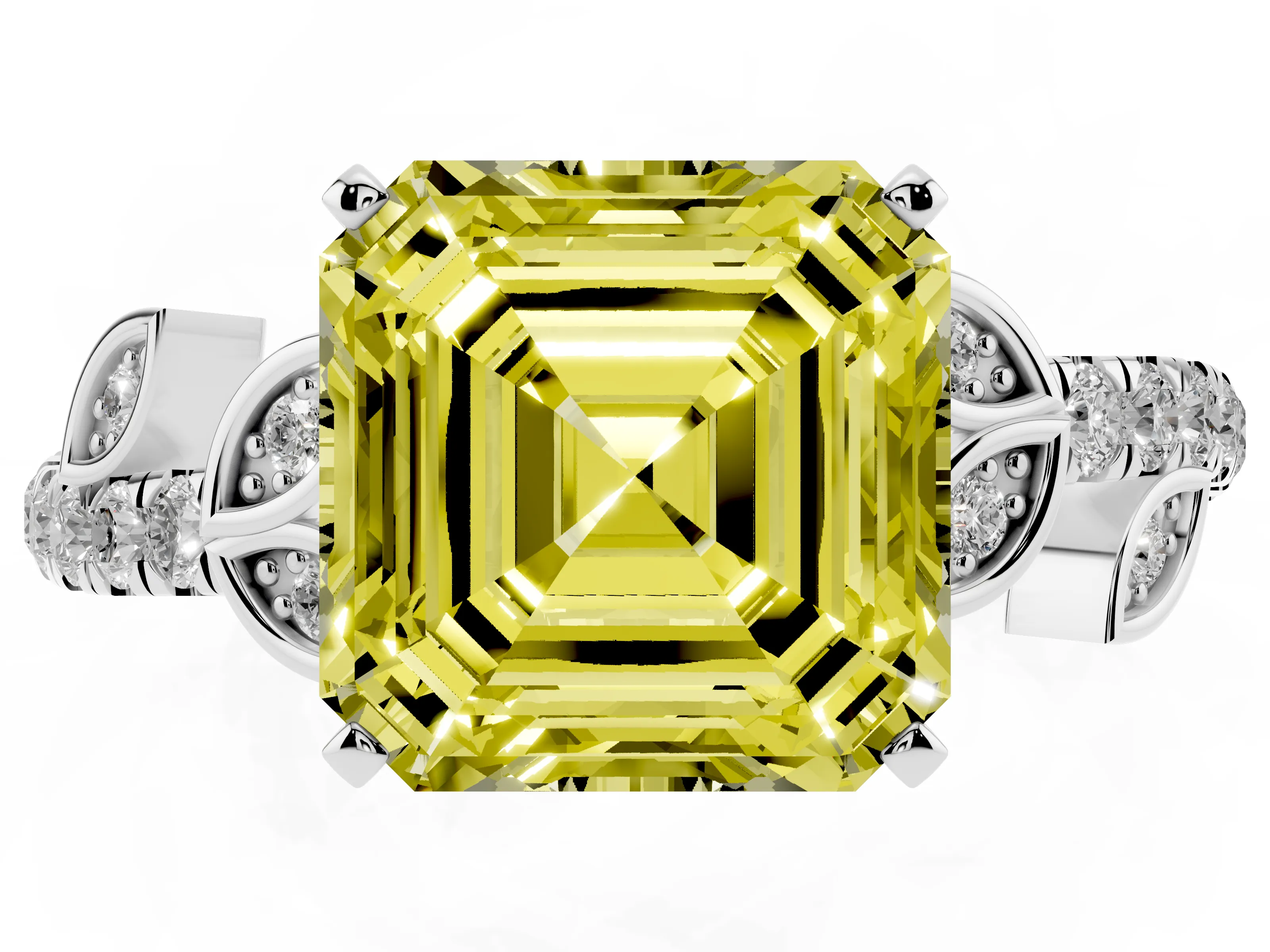 Fancy Yellow Asscher Cut Diamond Solitaire Leaf-Inspired Ring Set in Silver with Pavé Band and Prong Setting