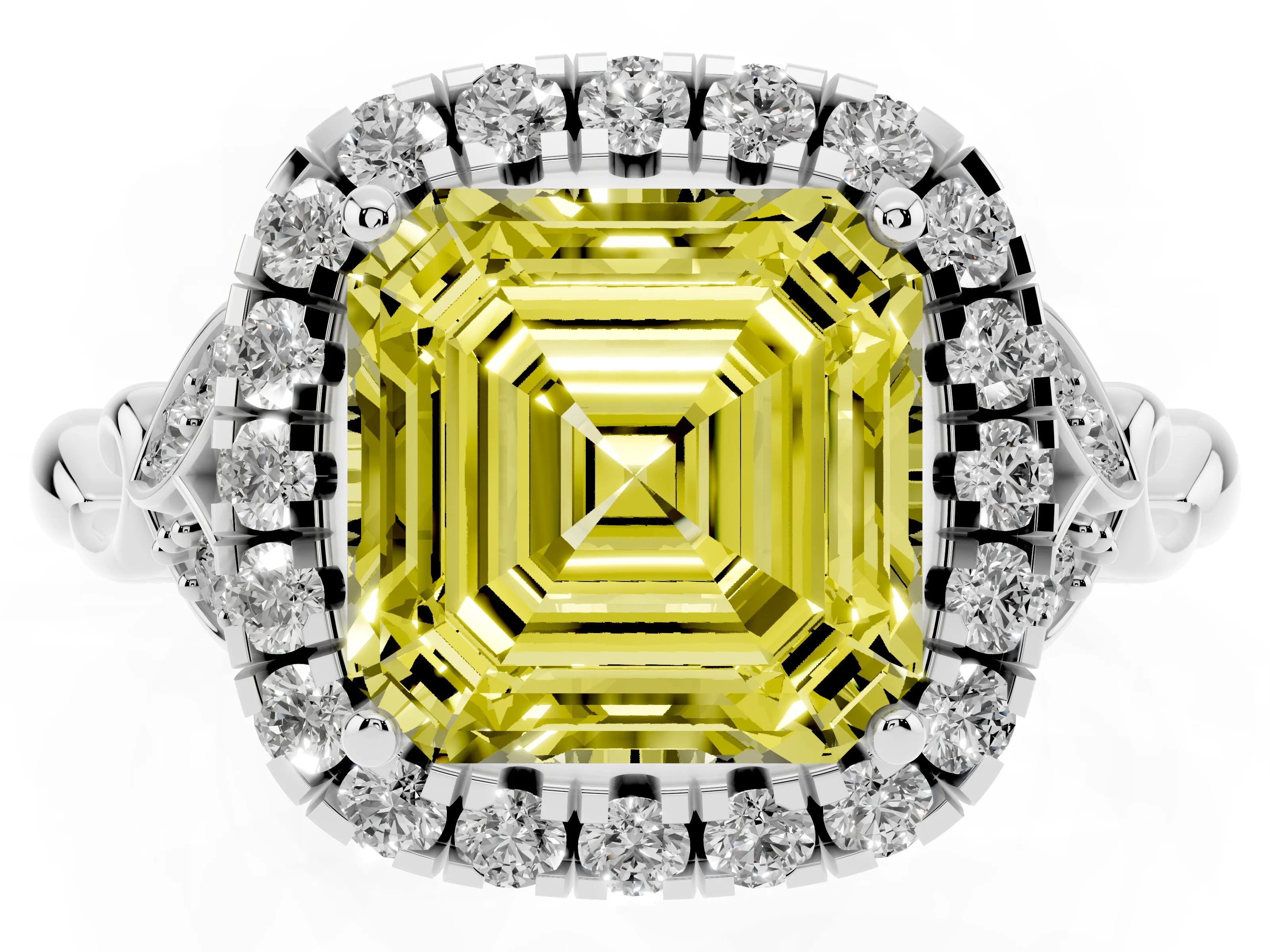 Fancy Yellow Asscher Cut Diamond Halo Engagement Ring Set in Platinum with Vintage-Inspired Band and Prong Setting