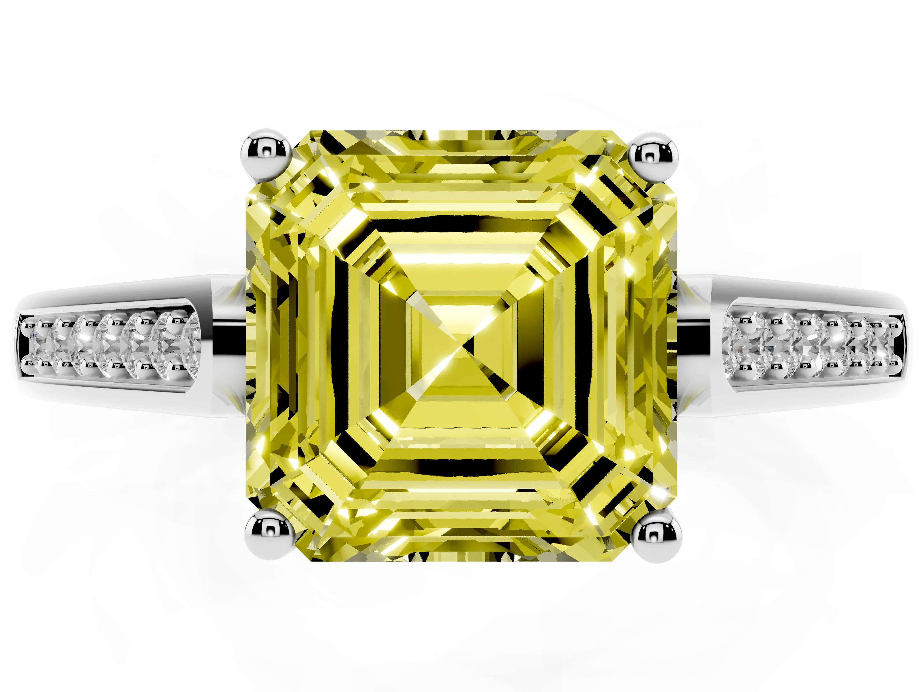 Fancy Yellow Asscher Cut Diamond Solitaire Cathedral Engagement Ring Set in White gold with Channel-Set Band and Prong Setting
