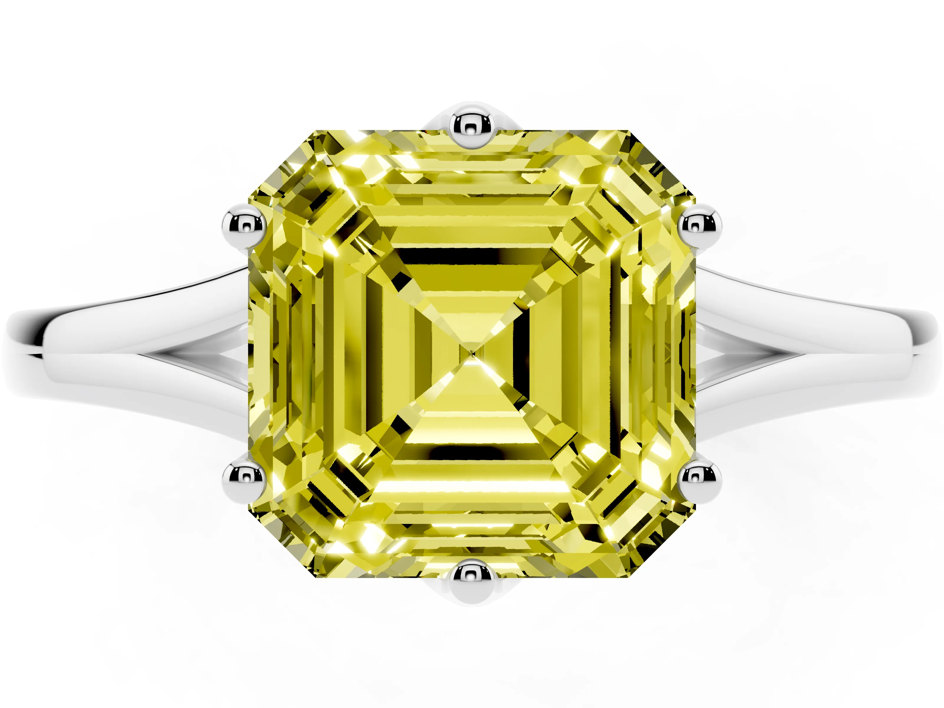 Fancy Yellow Asscher Cut Diamond Solitaire Ring Set in White gold with Polished Tapered Band and Prong Setting