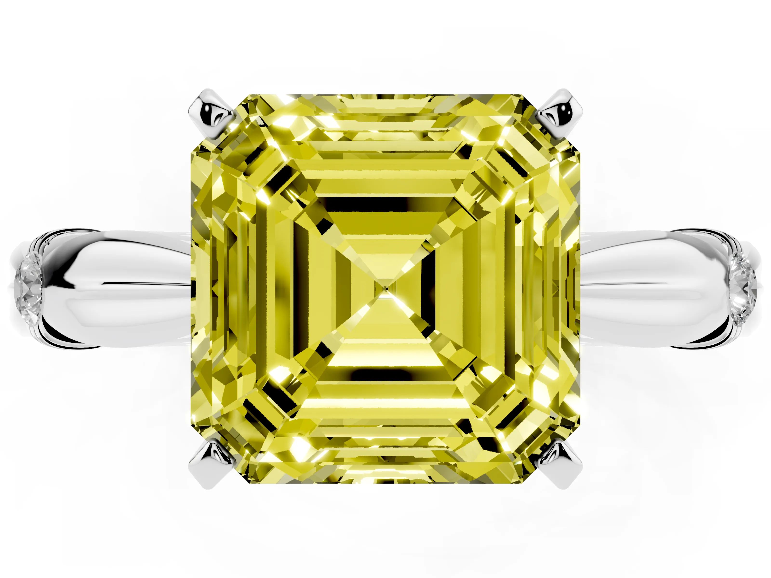 Fancy Yellow Asscher Cut Diamond Solitaire Twisted Band Ring Set in Platinum with Accent Stones and Prong Setting