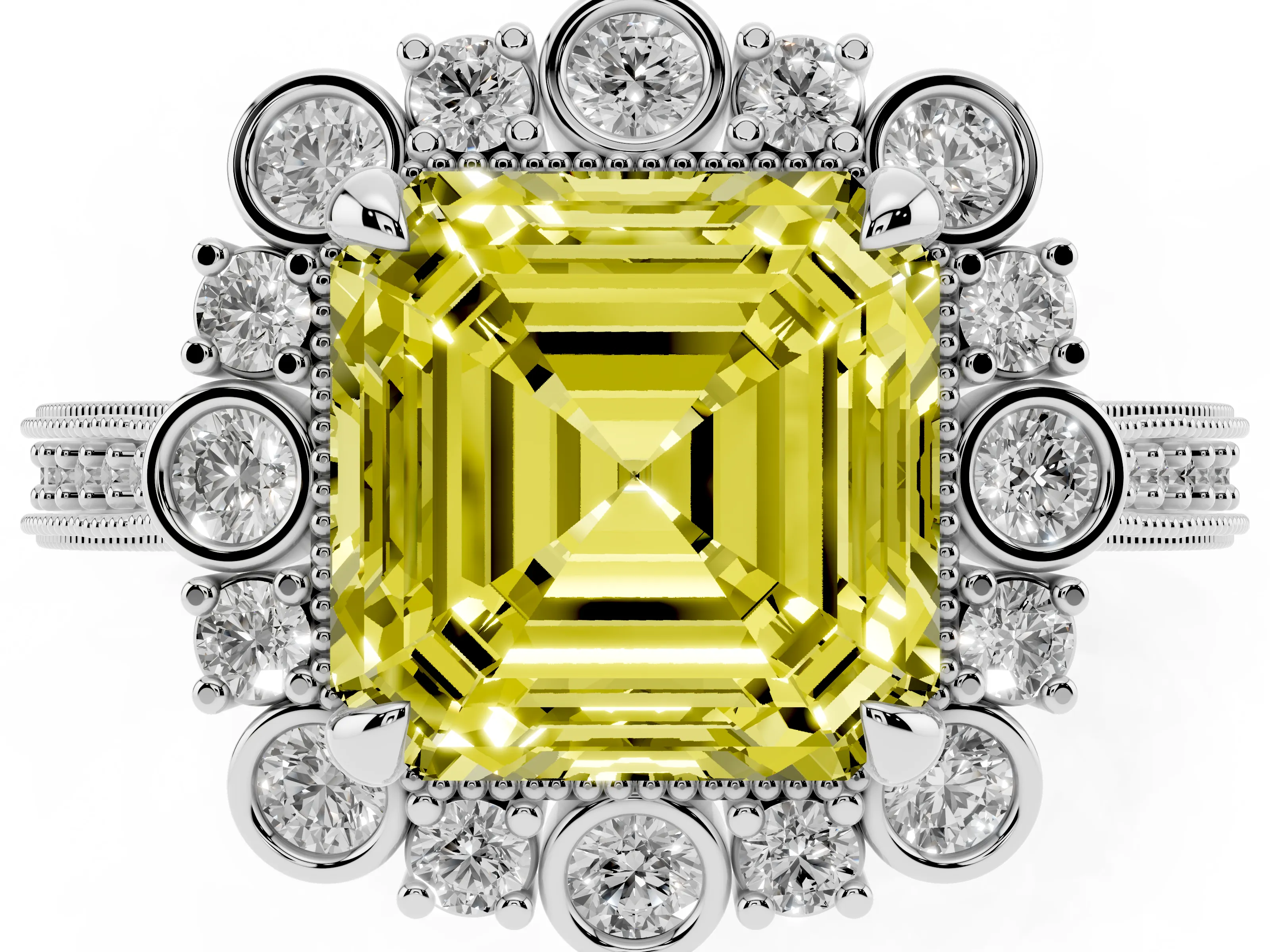 Fancy Yellow Asscher Cut Diamond Halo Milgrain Pavé Ring Set in Silver with Prong Setting