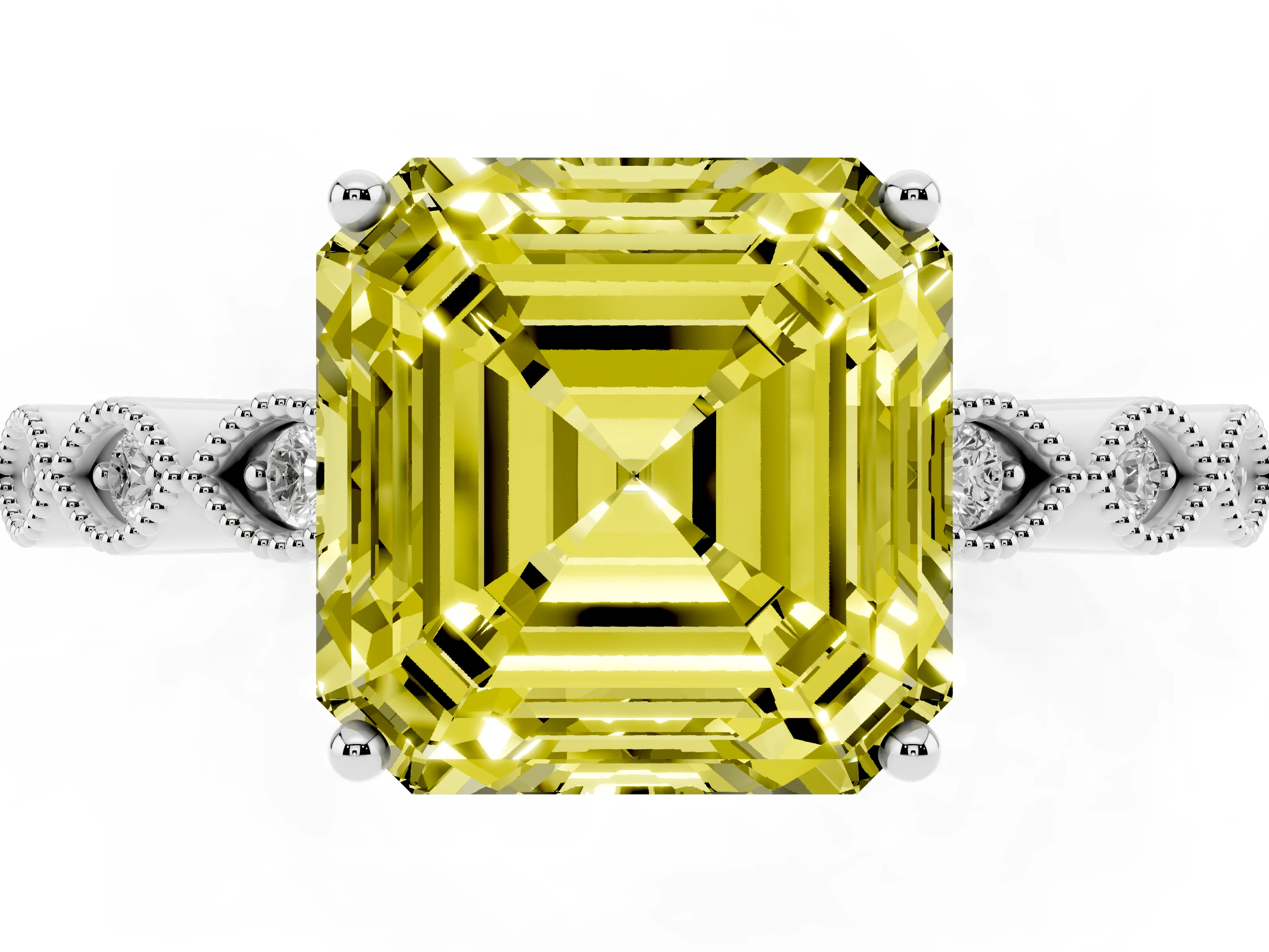 Fancy Yellow Asscher Cut Diamond Solitaire Ring Set in White gold with Infinity Twist Pavé Band