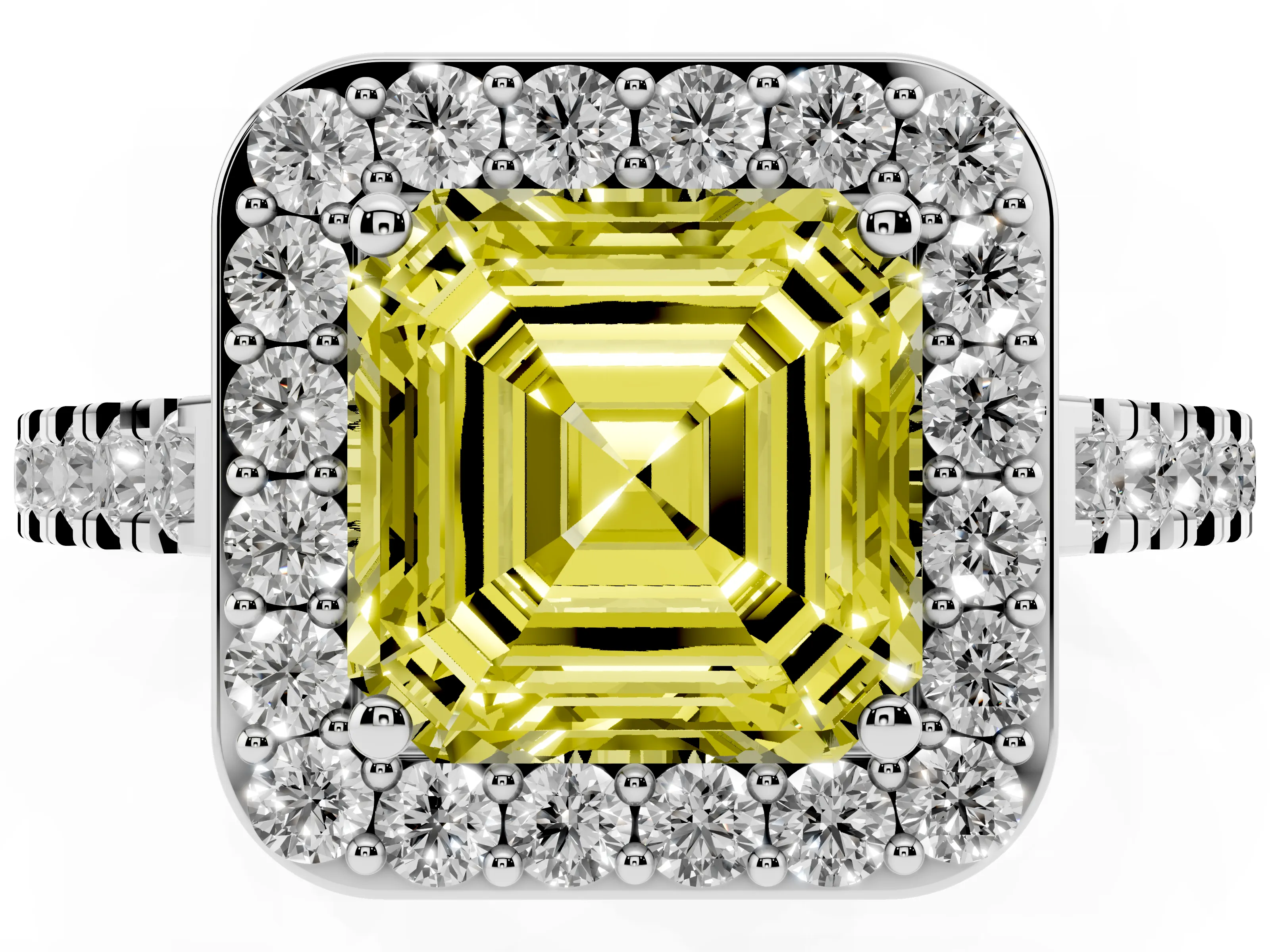 Fancy Yellow Asscher Cut Diamond Halo Ring Set in White gold with Round Pavé Split Shank and Prong Setting