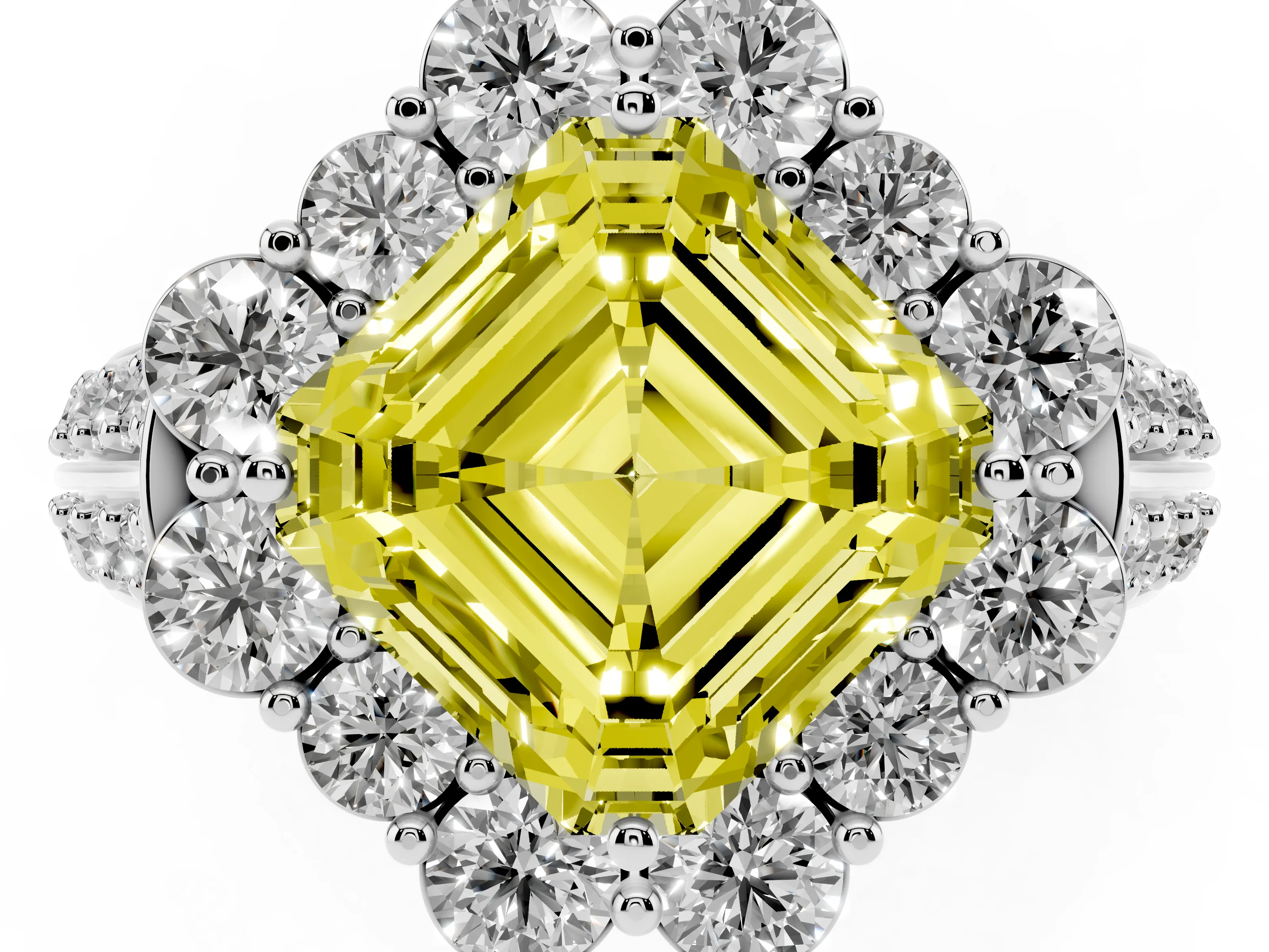 Fancy Yellow Asscher Cut Diamond Halo Engagement Ring Set in Silver with Split Shank and Prong Setting