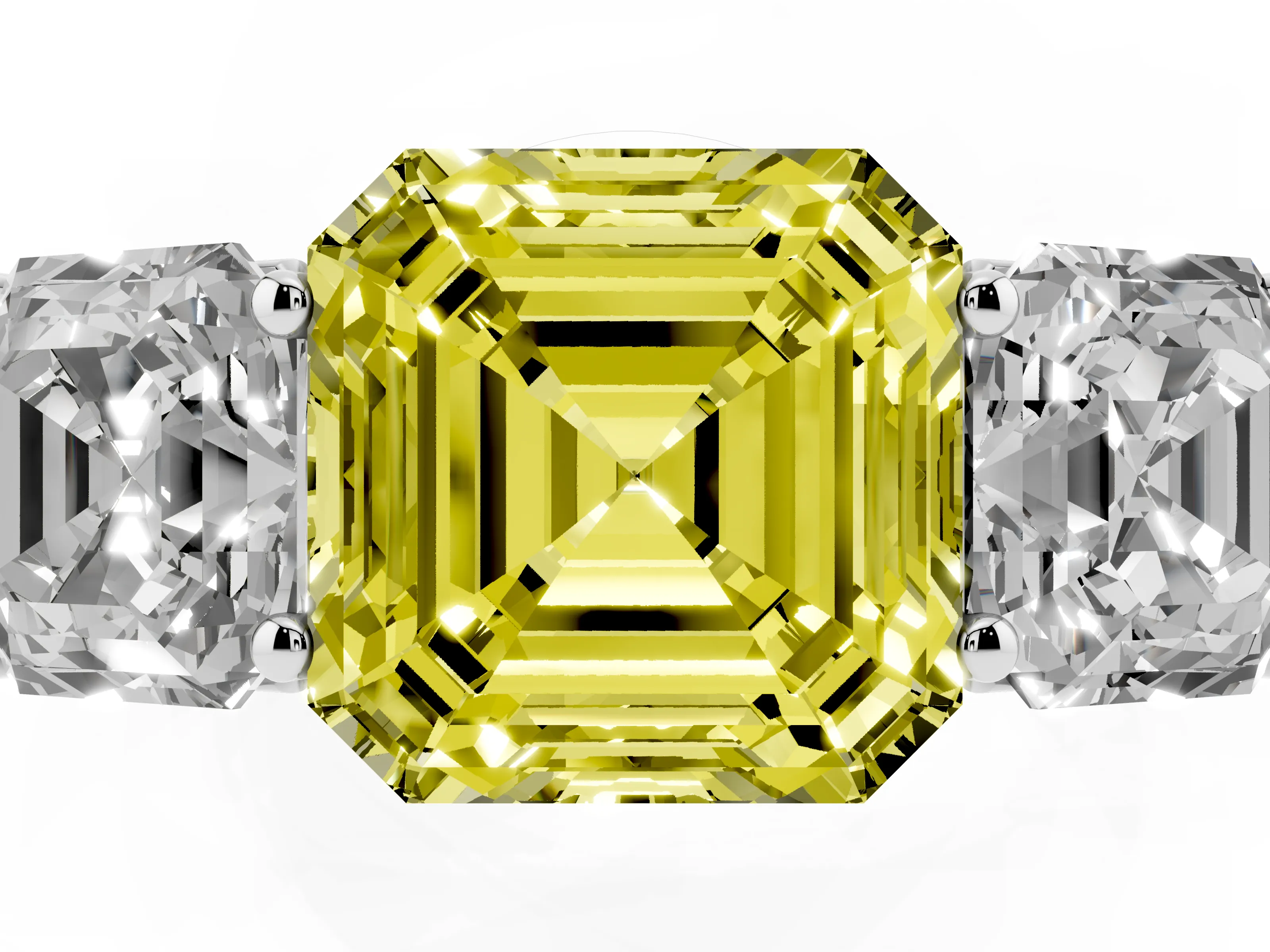 Fancy Yellow Asscher Cut Diamond Three-Stone Ring Set in White gold with Plain Polished Band