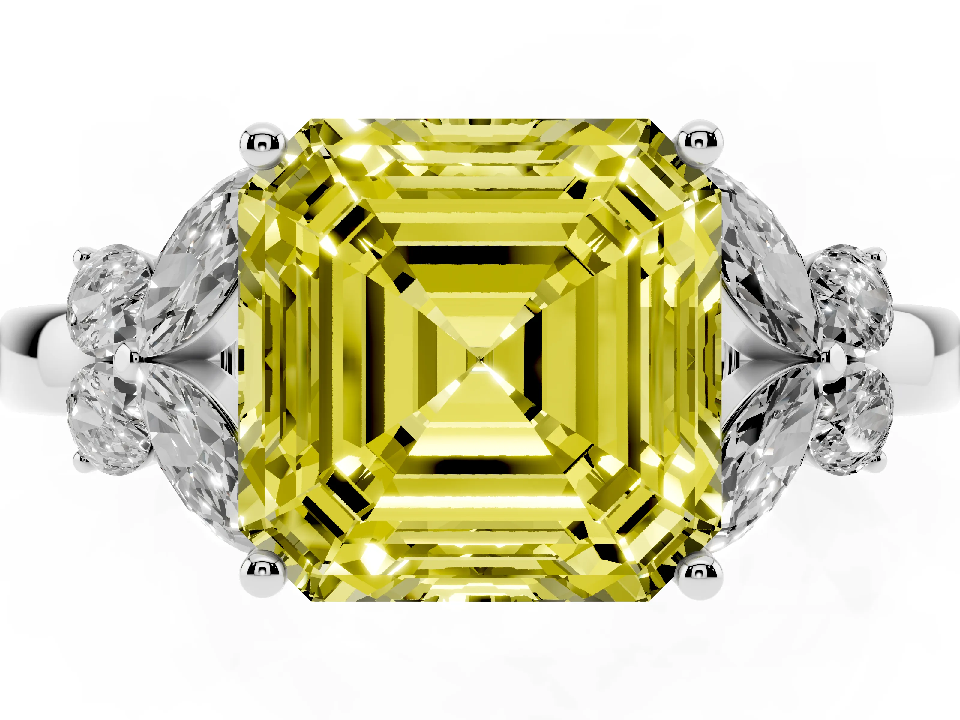 Fancy Yellow Asscher Cut Diamond Solitaire Floral Ring Set in White gold with Marquise Petals and Prong Setting