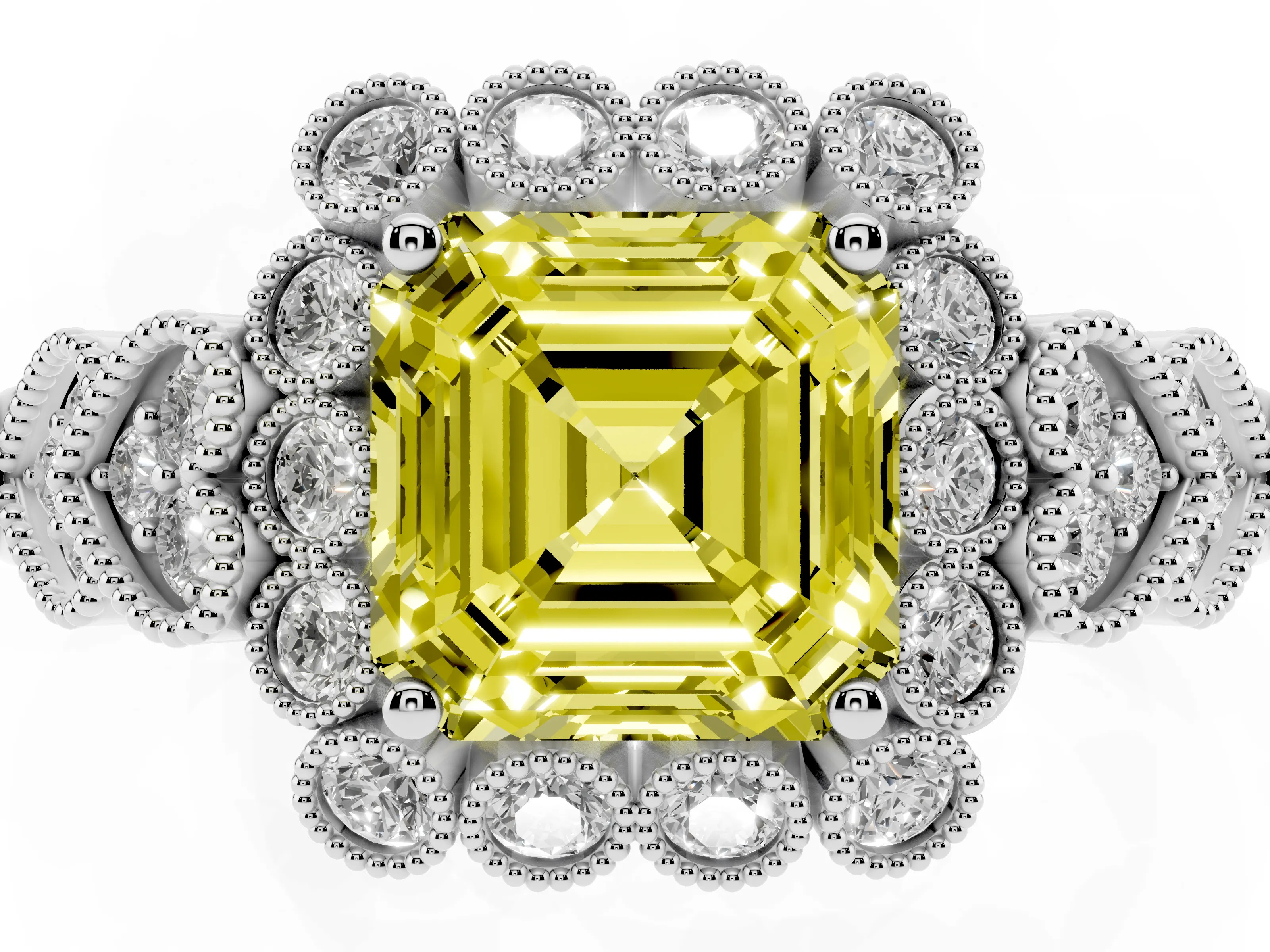 Fancy Yellow Asscher Cut Diamond Solitaire Ring Set in White gold with Milgrain Pavé Heart Band
