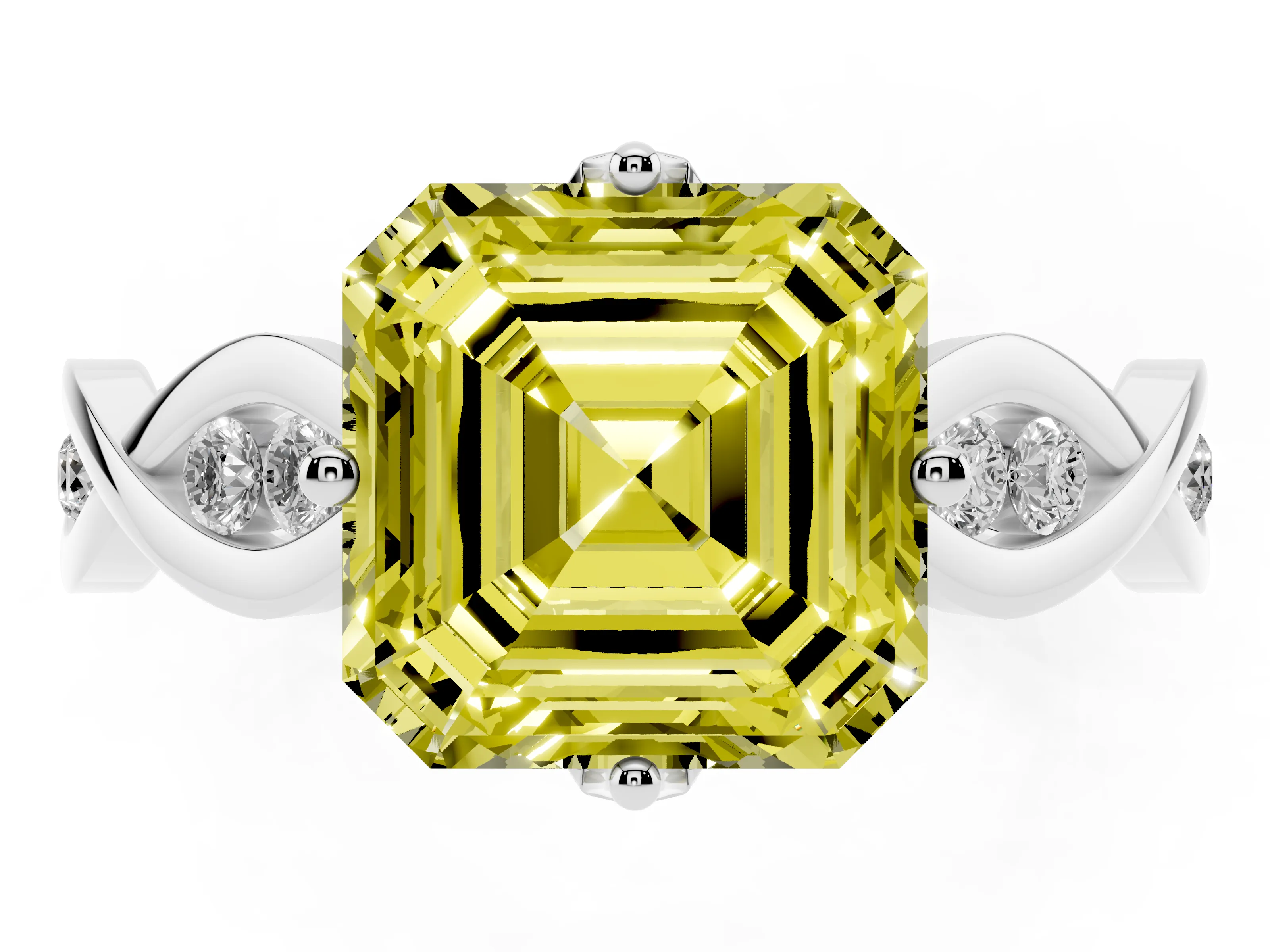 Fancy Yellow Asscher Cut Diamond Twist Band Solitaire Ring Set in Platinum with Leaf Prong Setting and Accent Stones