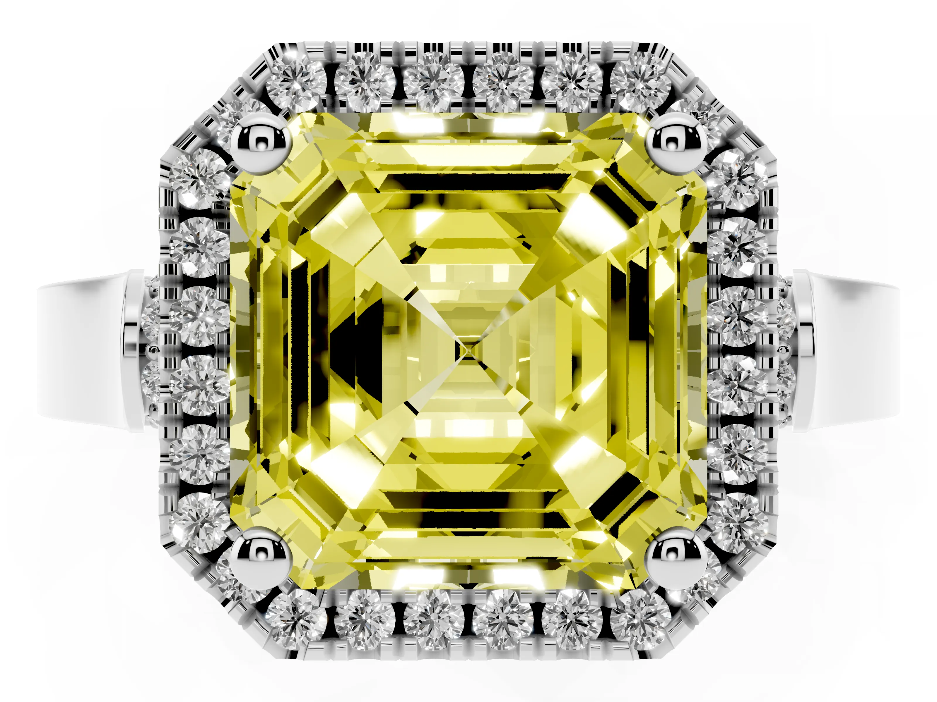 Fancy Yellow Asscher Cut Diamond Halo Ring Set in Silver with Pavé-Lined Split Shank Band