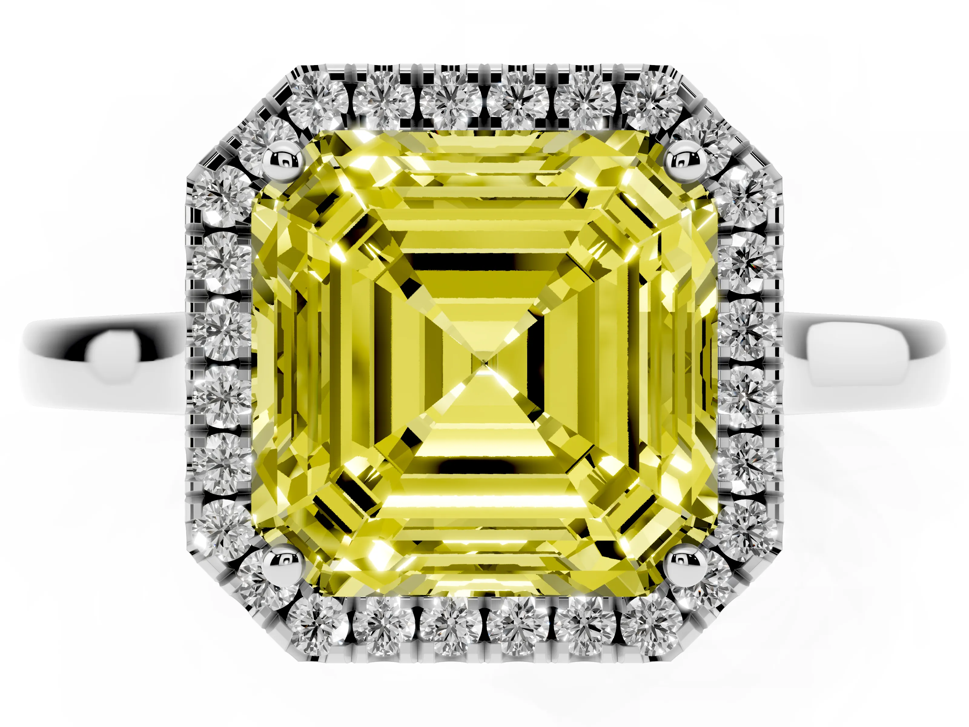 Fancy Yellow Asscher Cut Halo Round Diamond Solitaire Ring Set in Silver with Pavé Band and Prong Setting