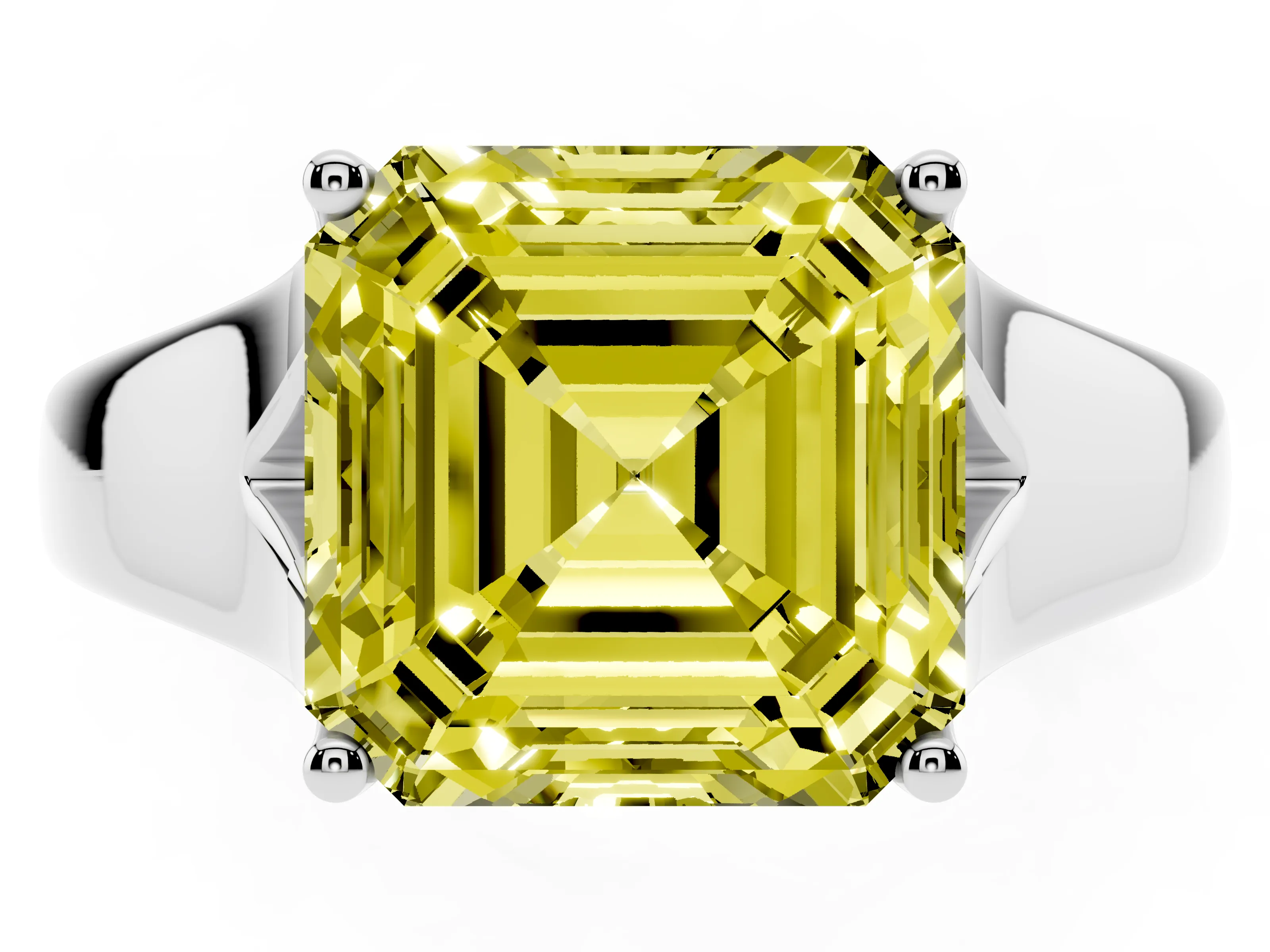 Fancy Yellow Asscher Cut Diamond Solitaire Ring Set in Platinum with Arched Cathedral Band and Prong Setting
