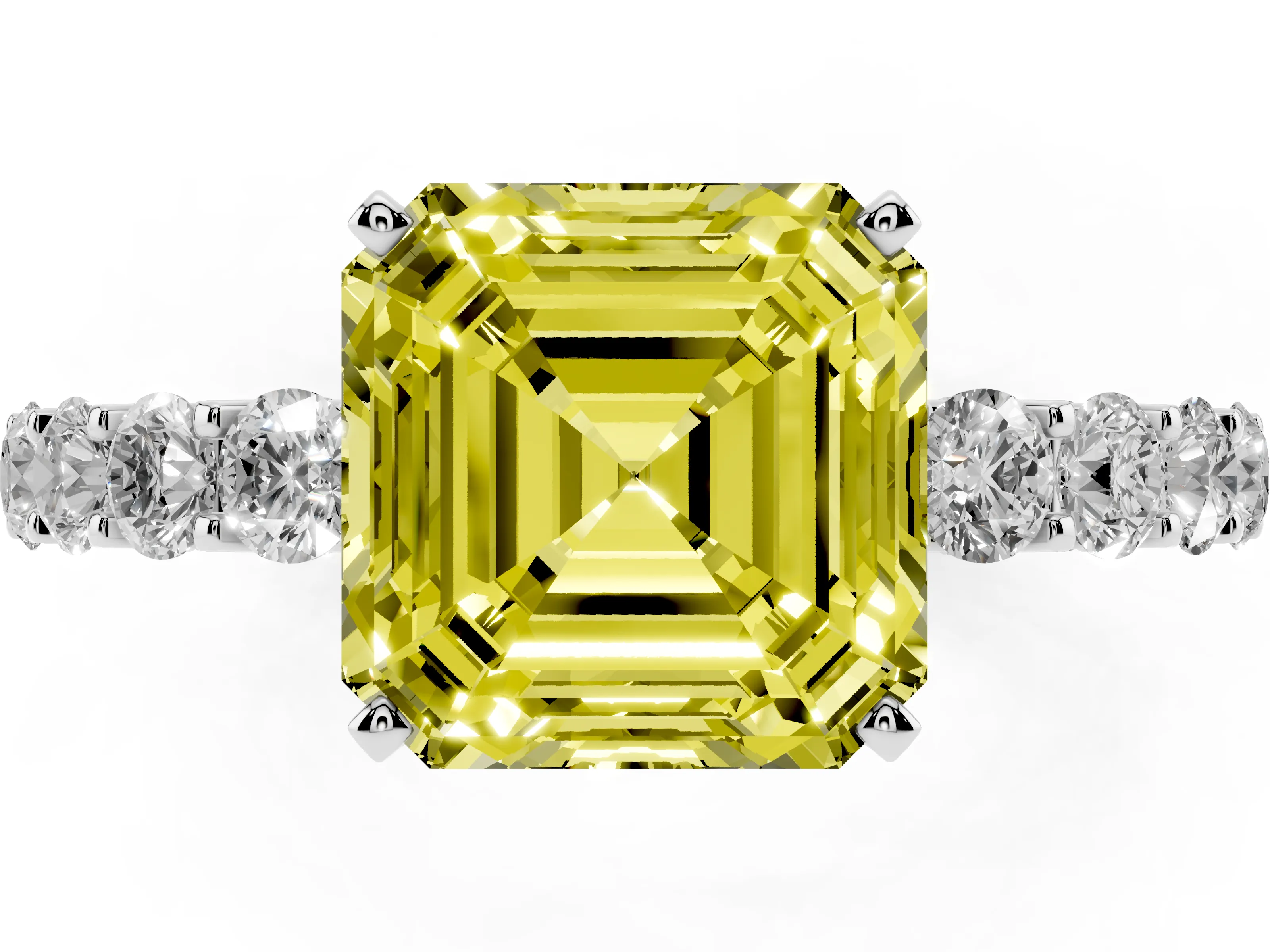Fancy Yellow Asscher Cut Diamond Solitaire Ring Set in Platinum with Shared Prong Pavé Band