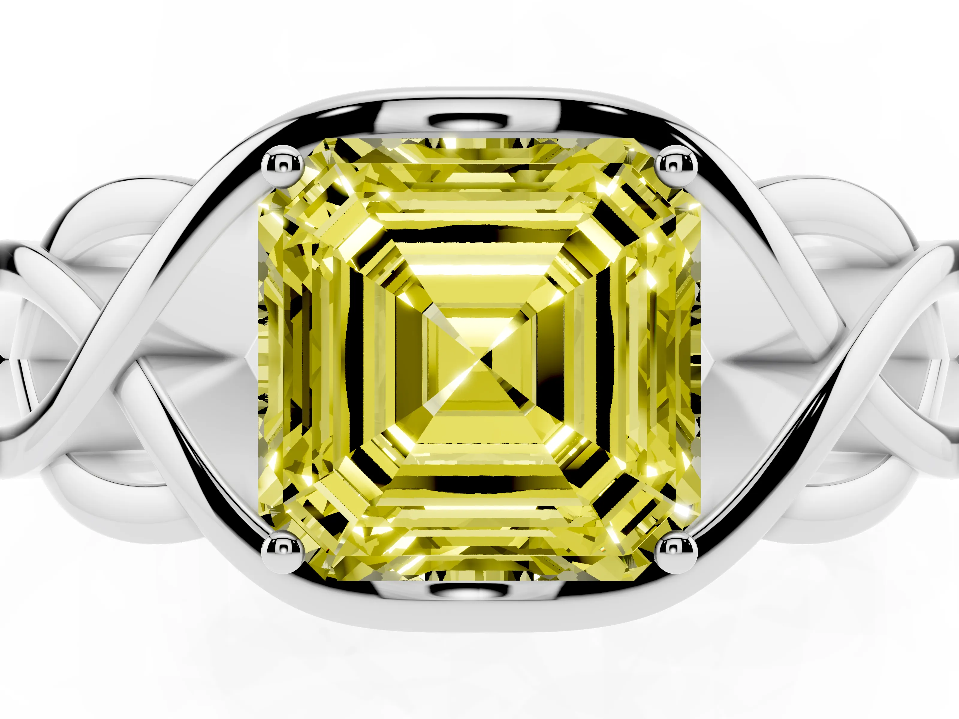 Fancy Yellow Asscher Cut Diamond Solitaire Ring Set in Silver with Intertwined Band