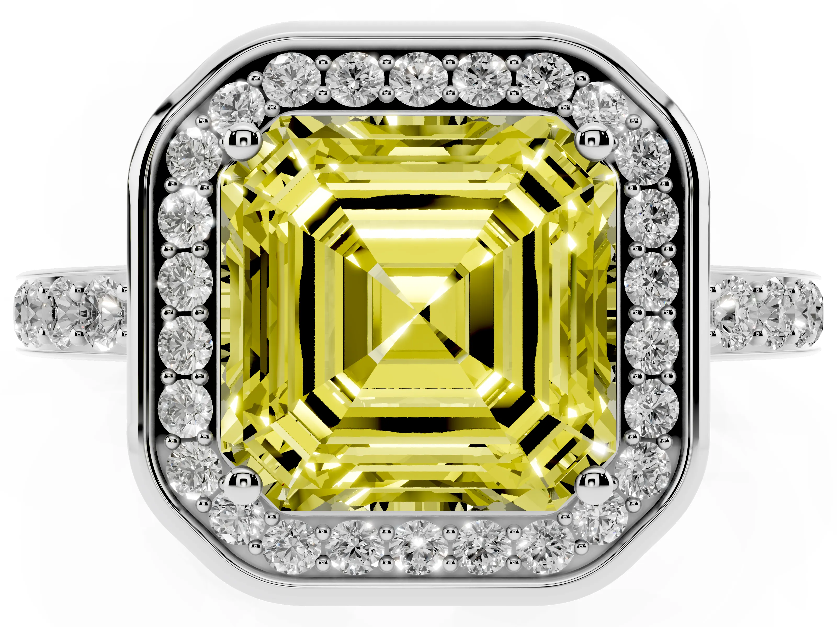 Fancy Yellow Asscher Cut Diamond Halo Ring Set in White gold with Bezel Frame and Pavé Band