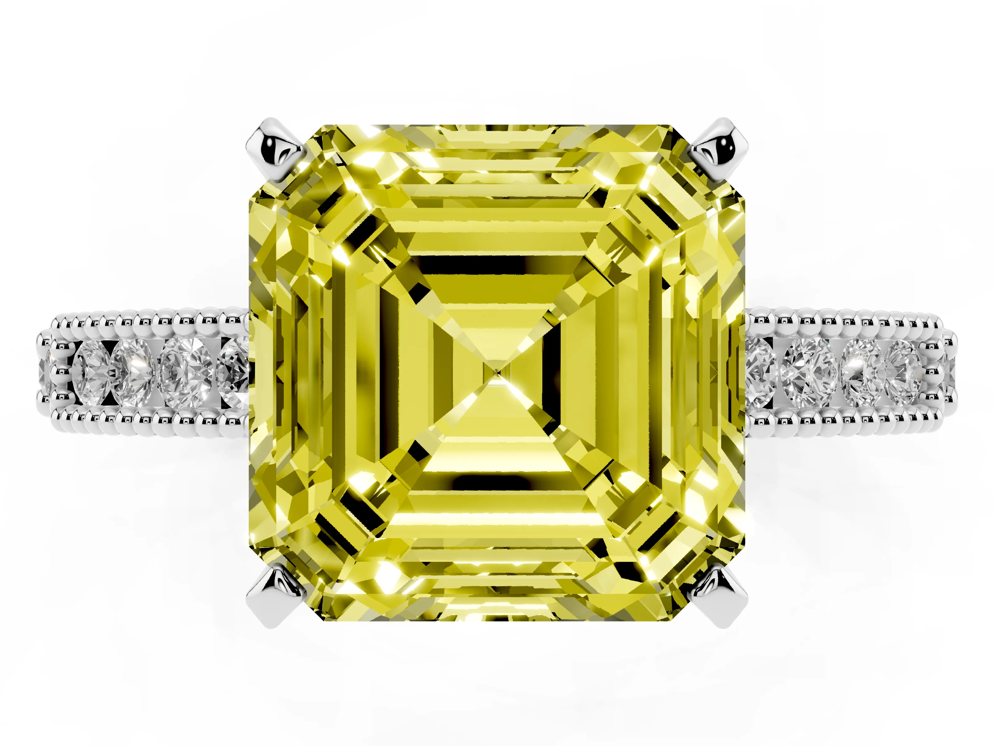 Fancy Yellow Asscher Cut Diamond Solitaire Ring Set in Silver with Slim Pavé Band and Prong Setting
