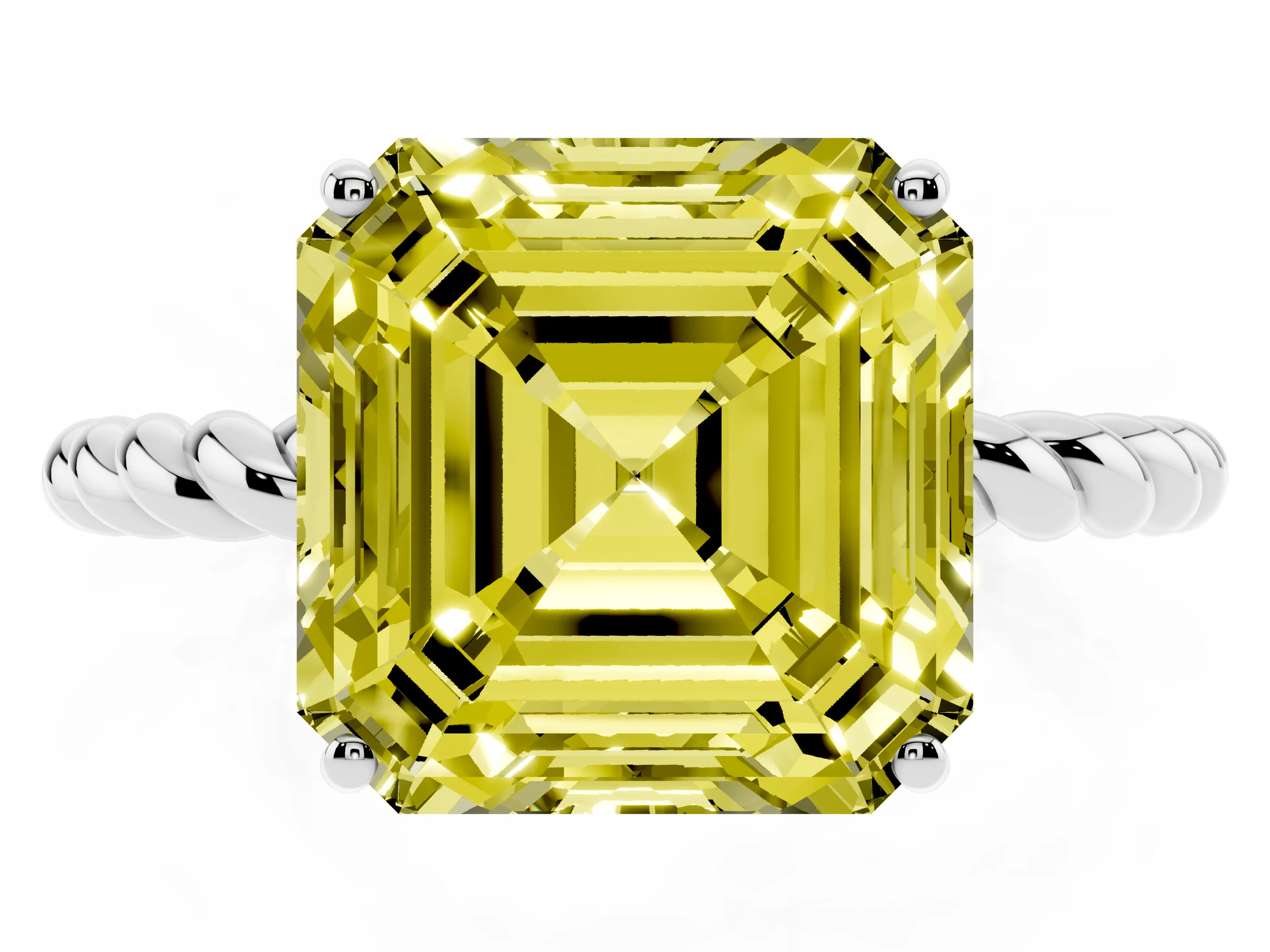Fancy Yellow Asscher Cut Diamond Solitaire Ring Set in White gold with Twist Band and Prong Setting