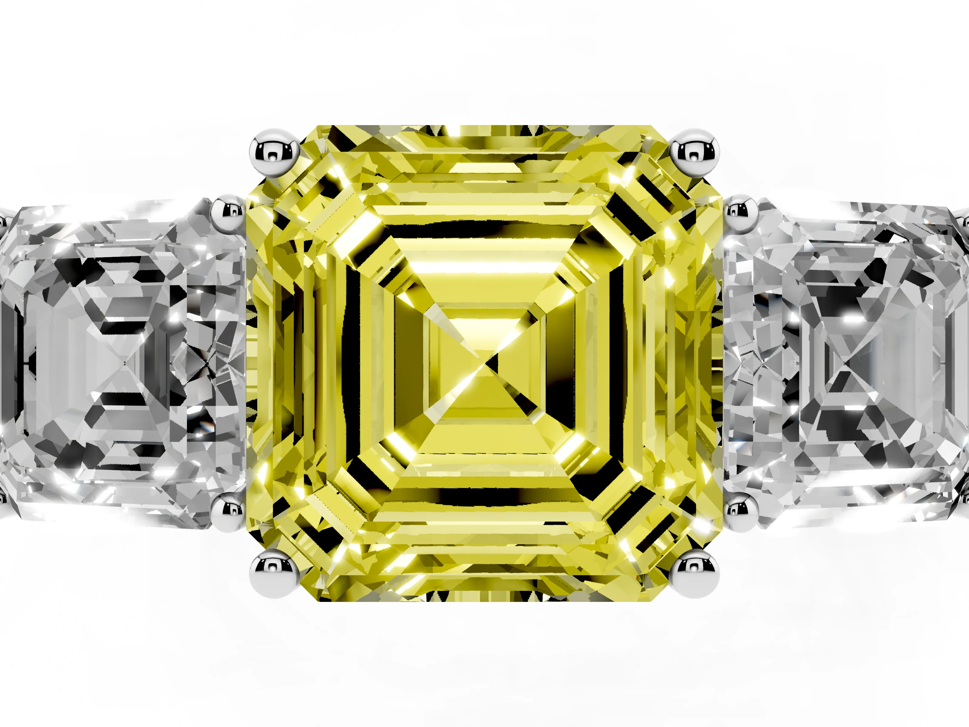 Fancy Yellow Asscher Cut Diamond Three-Stone Engagement Ring Set in Silver with Flat Band