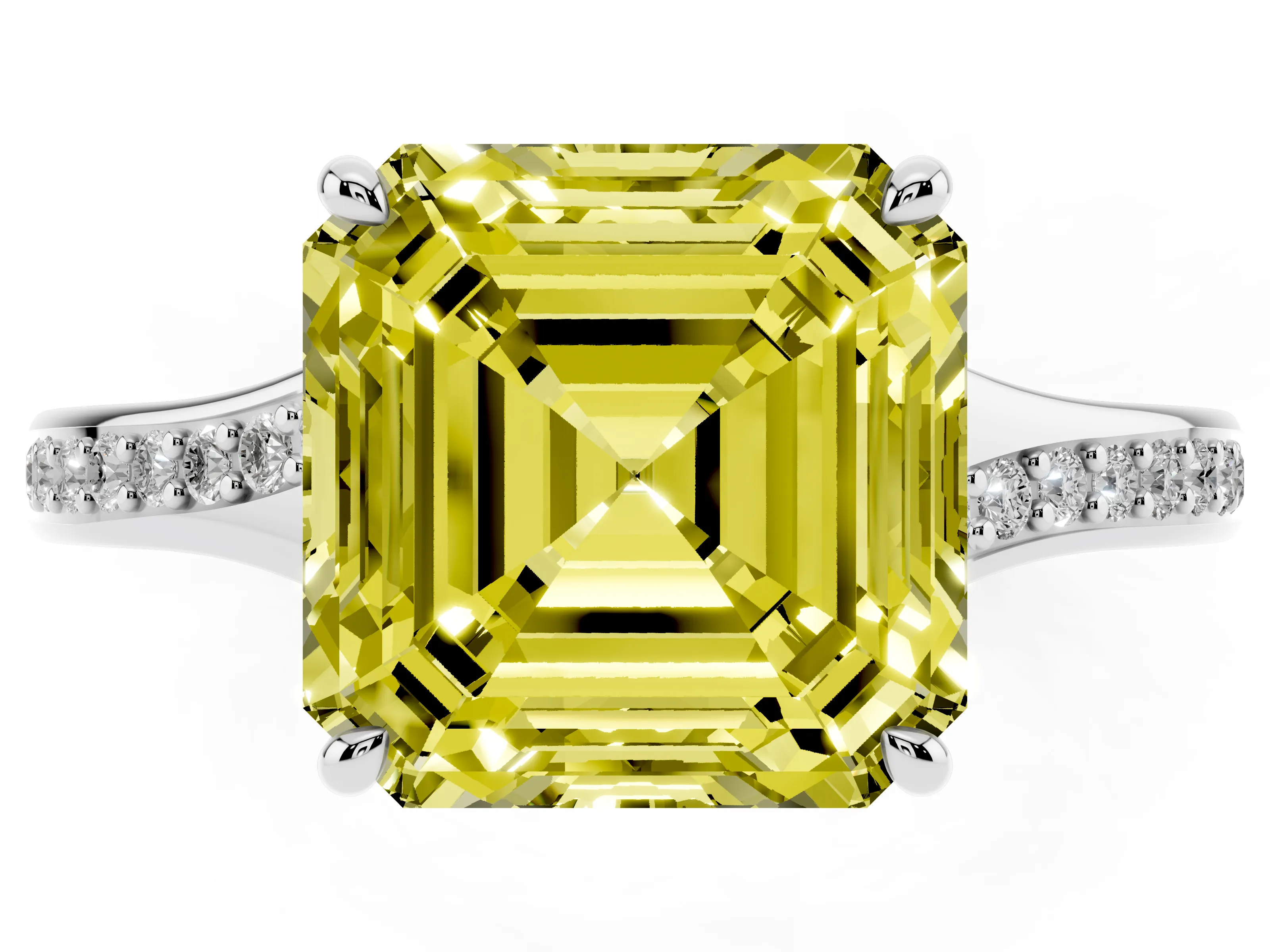 Fancy Yellow Asscher Cut Diamond Solitaire Ring Set in Platinum with Pavé Accent Band and Classic Prong Setting