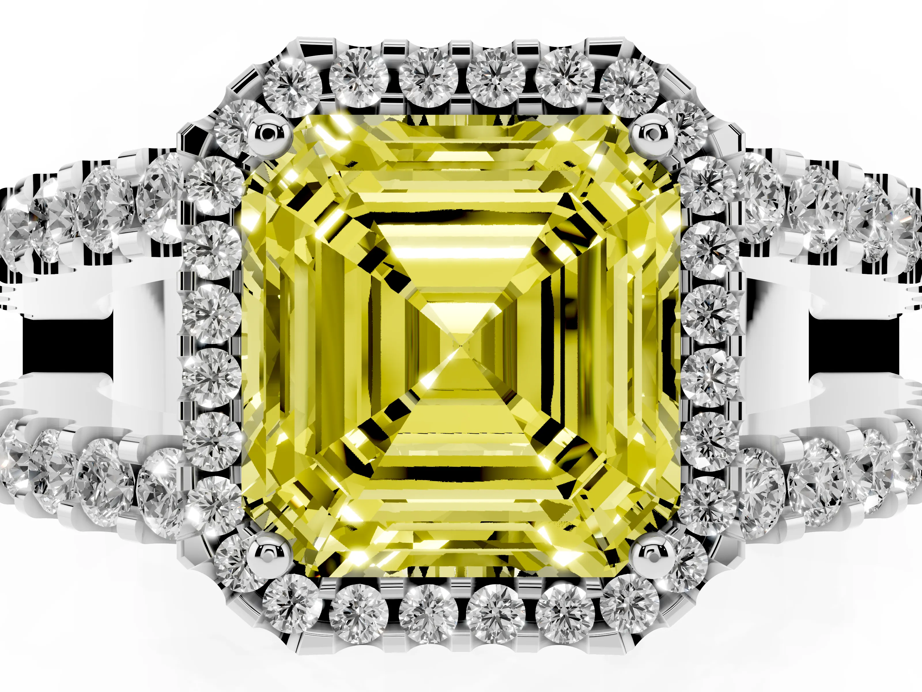 Fancy Yellow Asscher Cut Diamond Halo Ring Set in Platinum with Pavé Split Shank and Prong Setting