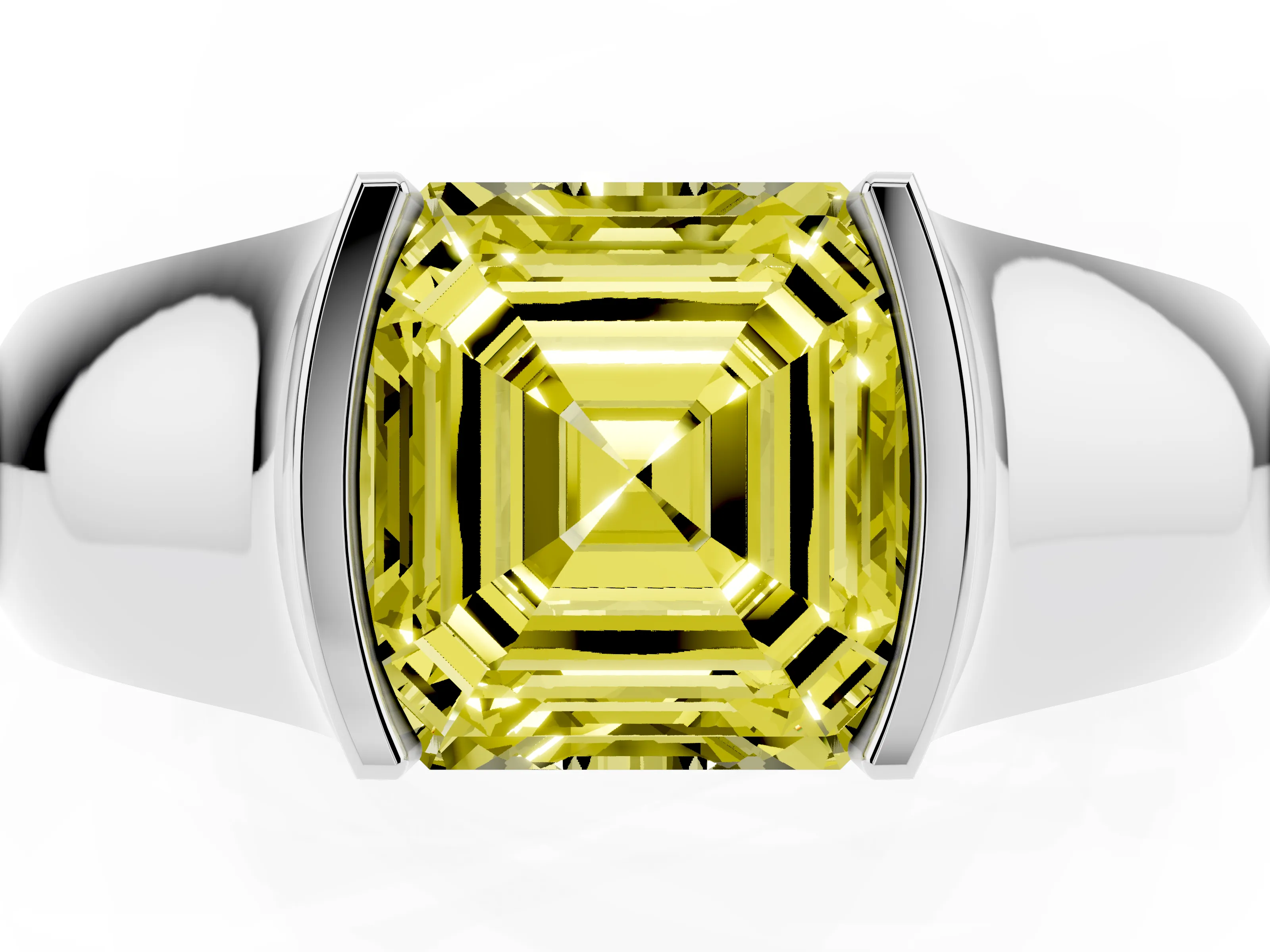 Fancy Yellow Asscher Cut Diamond Bezel Solitaire Ring Set in White gold with Wide Band