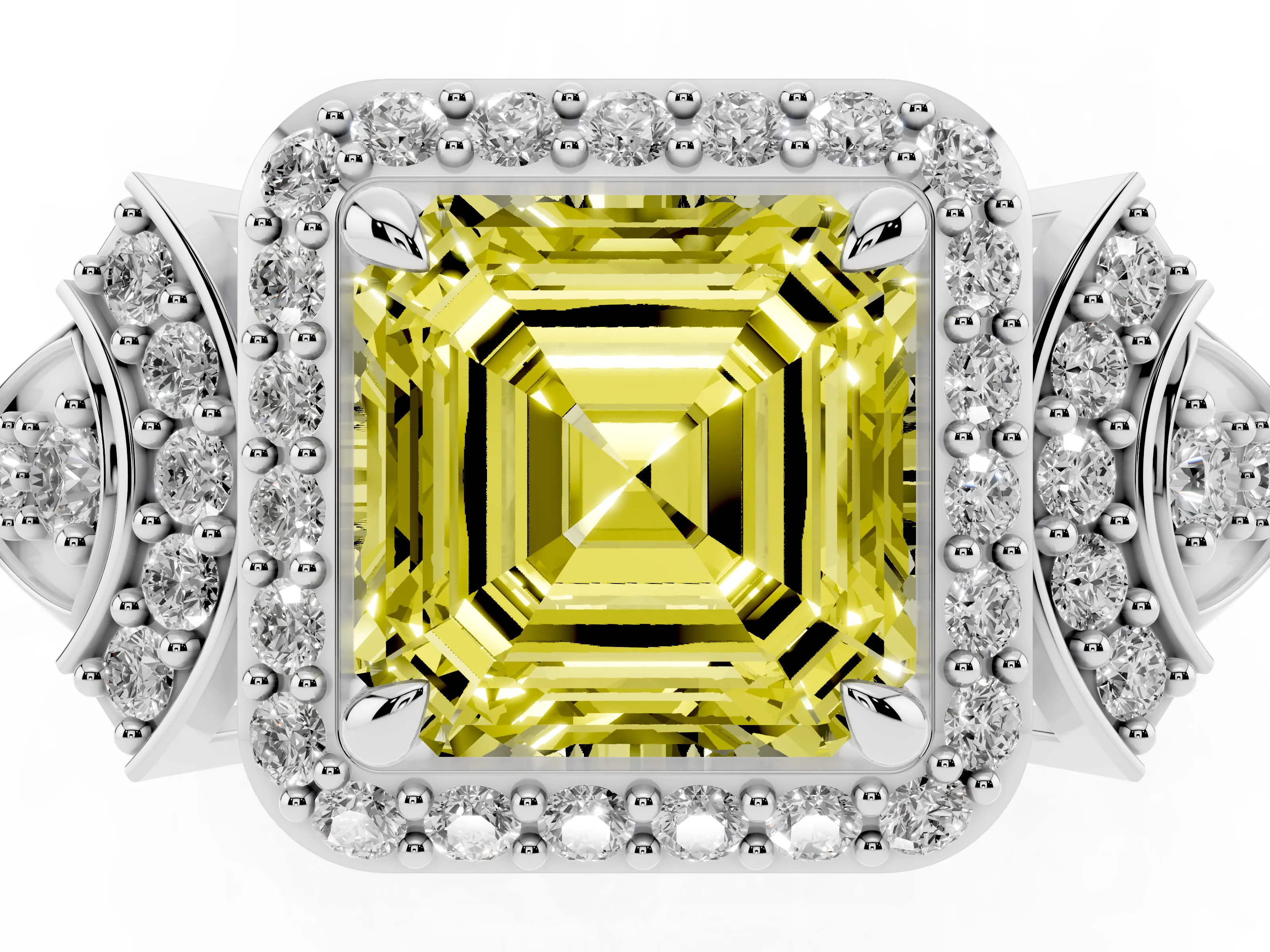 Fancy Yellow Asscher Cut Diamond Halo Engagement Ring Set in Platinum with Accent Stone Split Shank