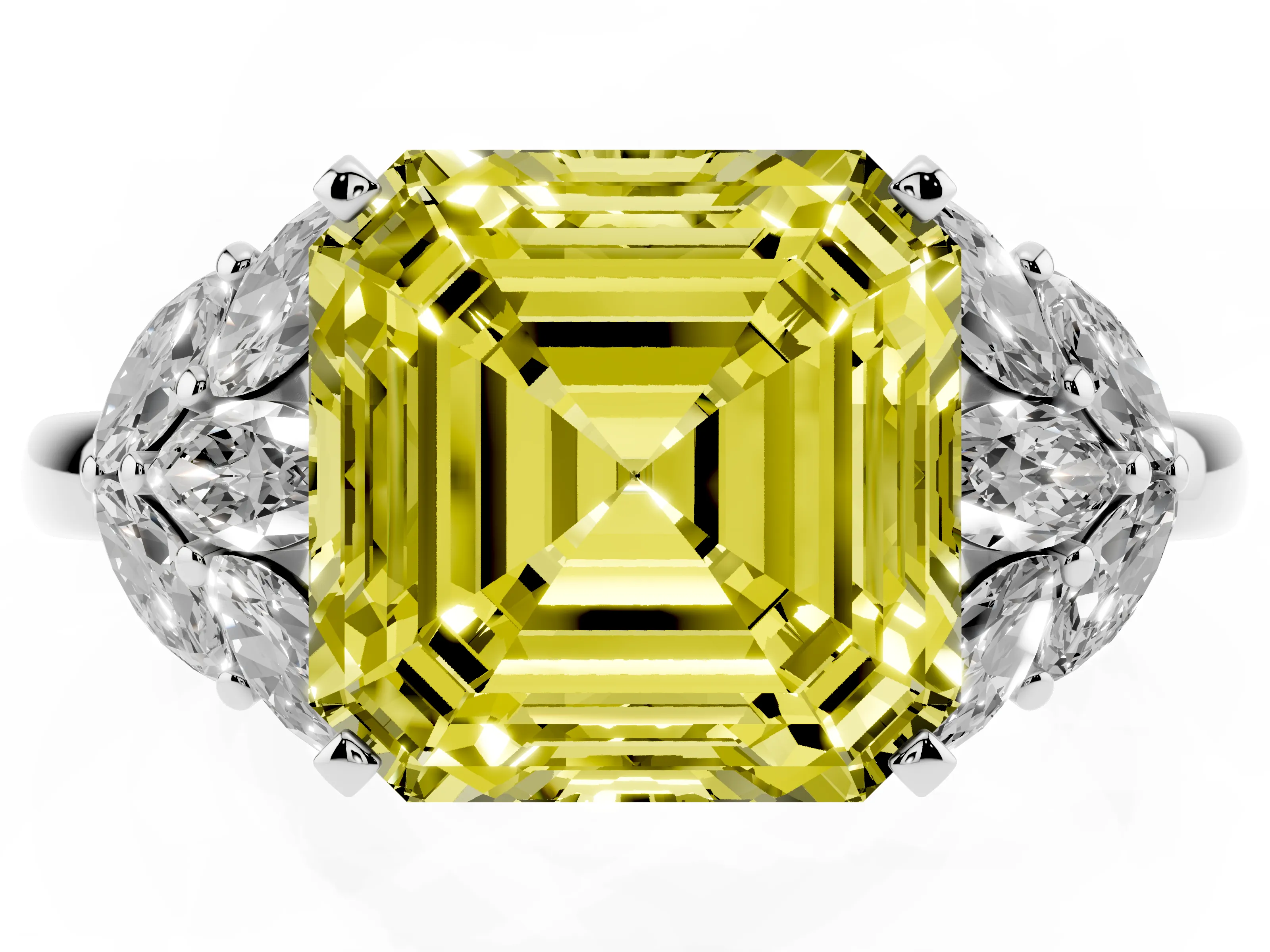 Fancy Yellow Asscher Cut Diamond Cluster Leaf Design Ring Set in White gold with Prong Setting