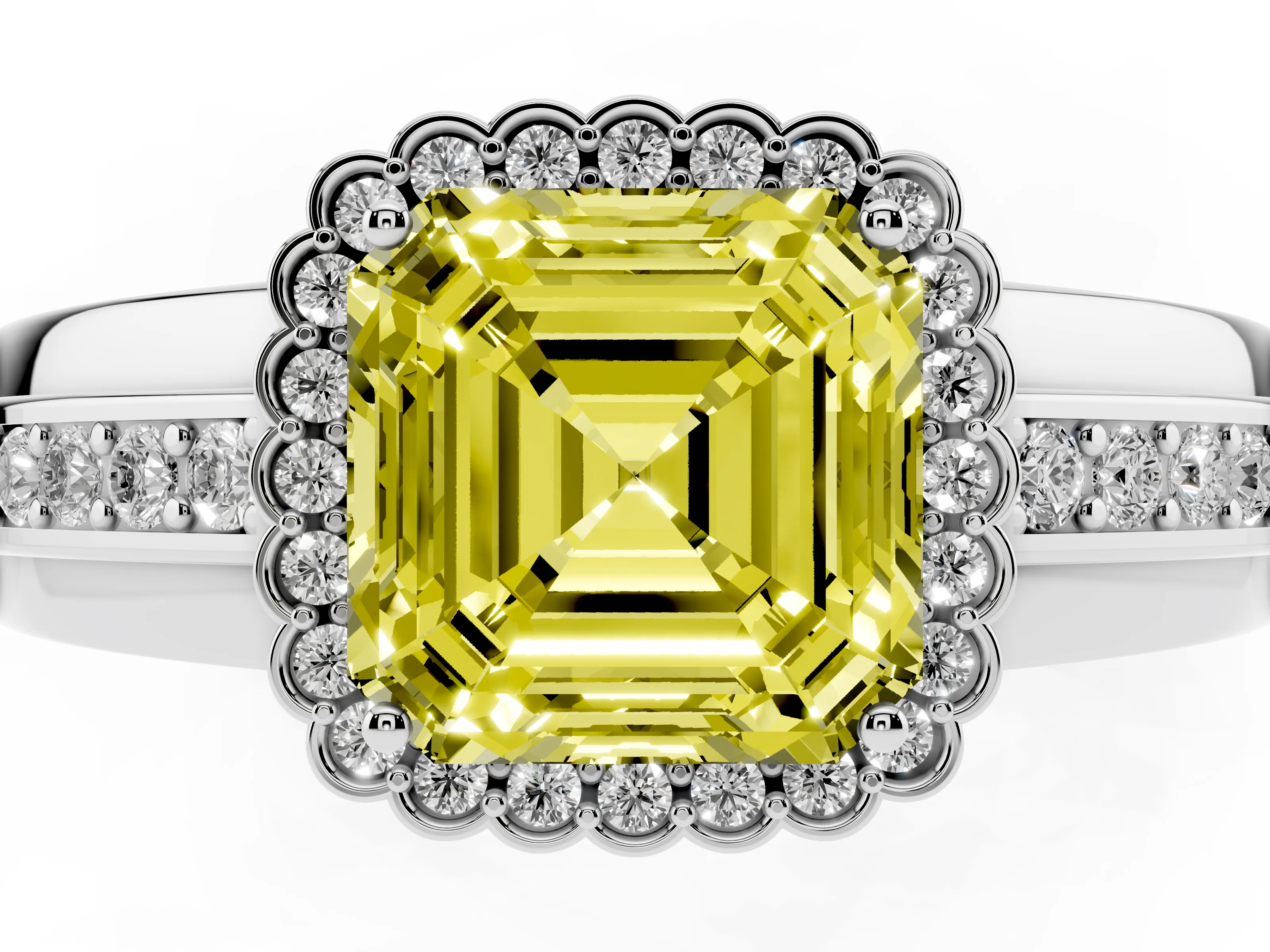 Fancy Yellow Asscher Cut Diamond Halo Prong Ring Set in Platinum with Pavé Band