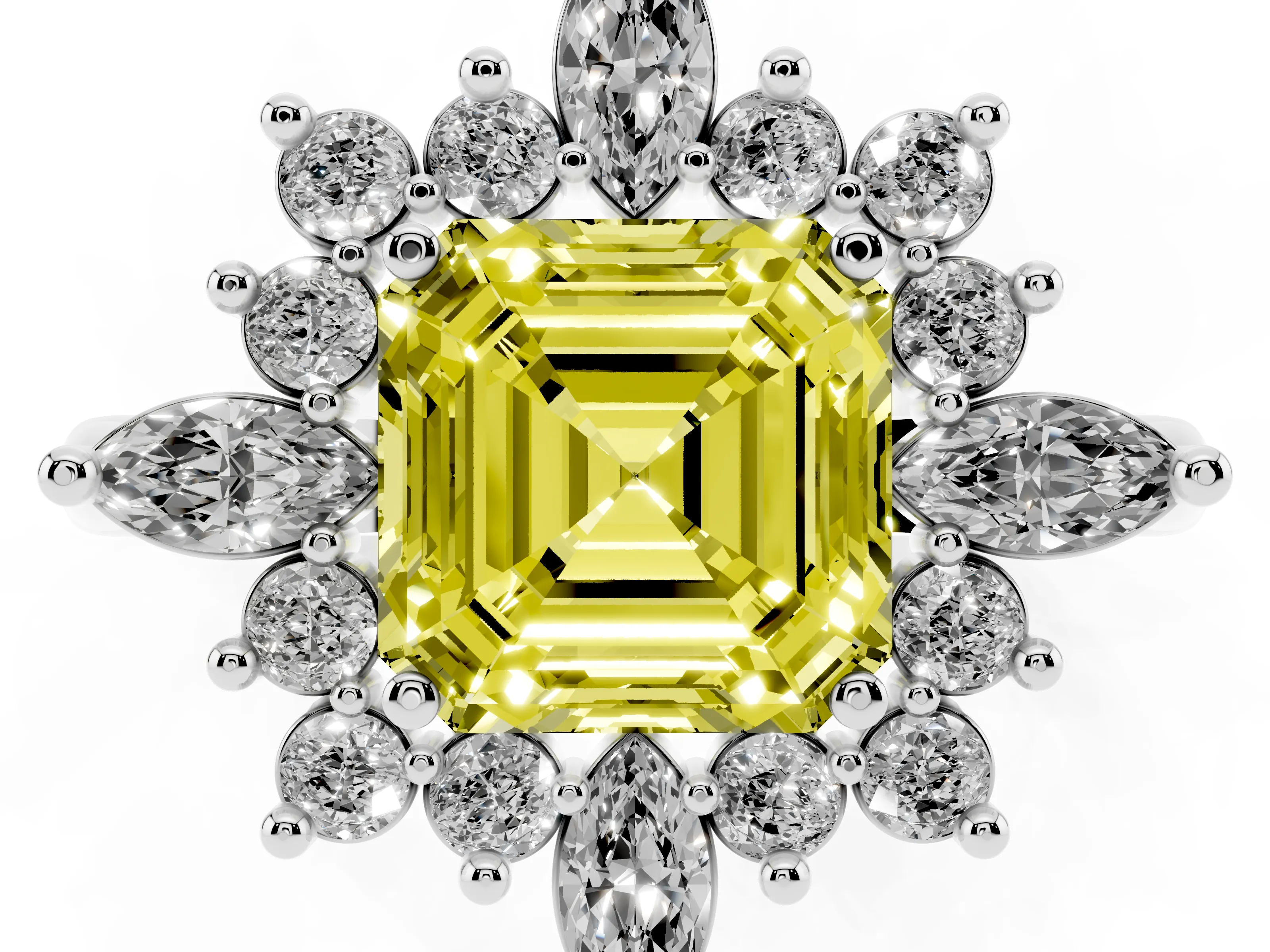 Fancy Yellow Asscher Cut Diamond Cluster Halo Ring Set in White gold with Marquise and Round Accents