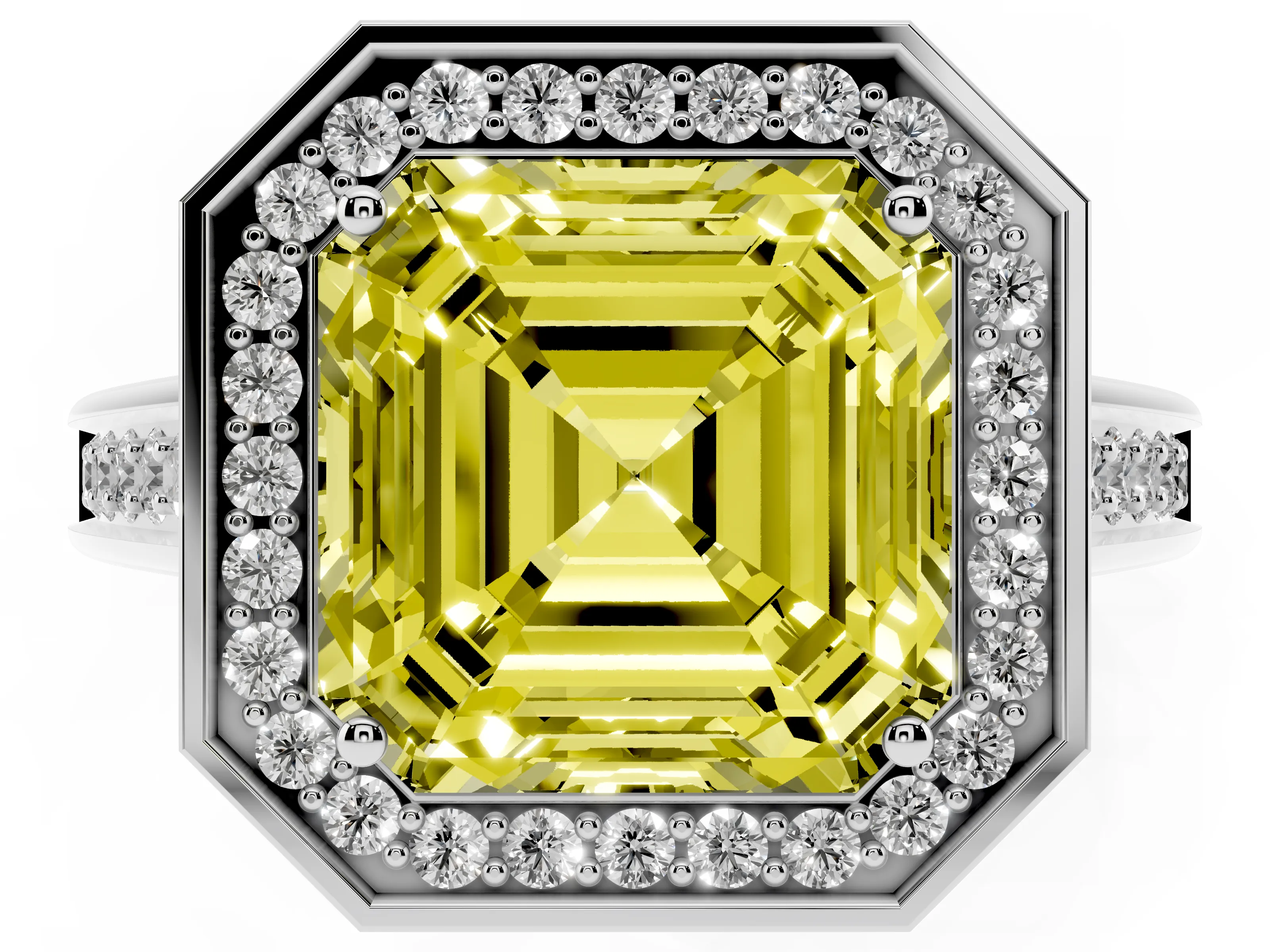 Fancy Yellow Asscher Cut Diamond Halo Solitaire Ring Set in Silver with Pavé Band and Bezel Setting