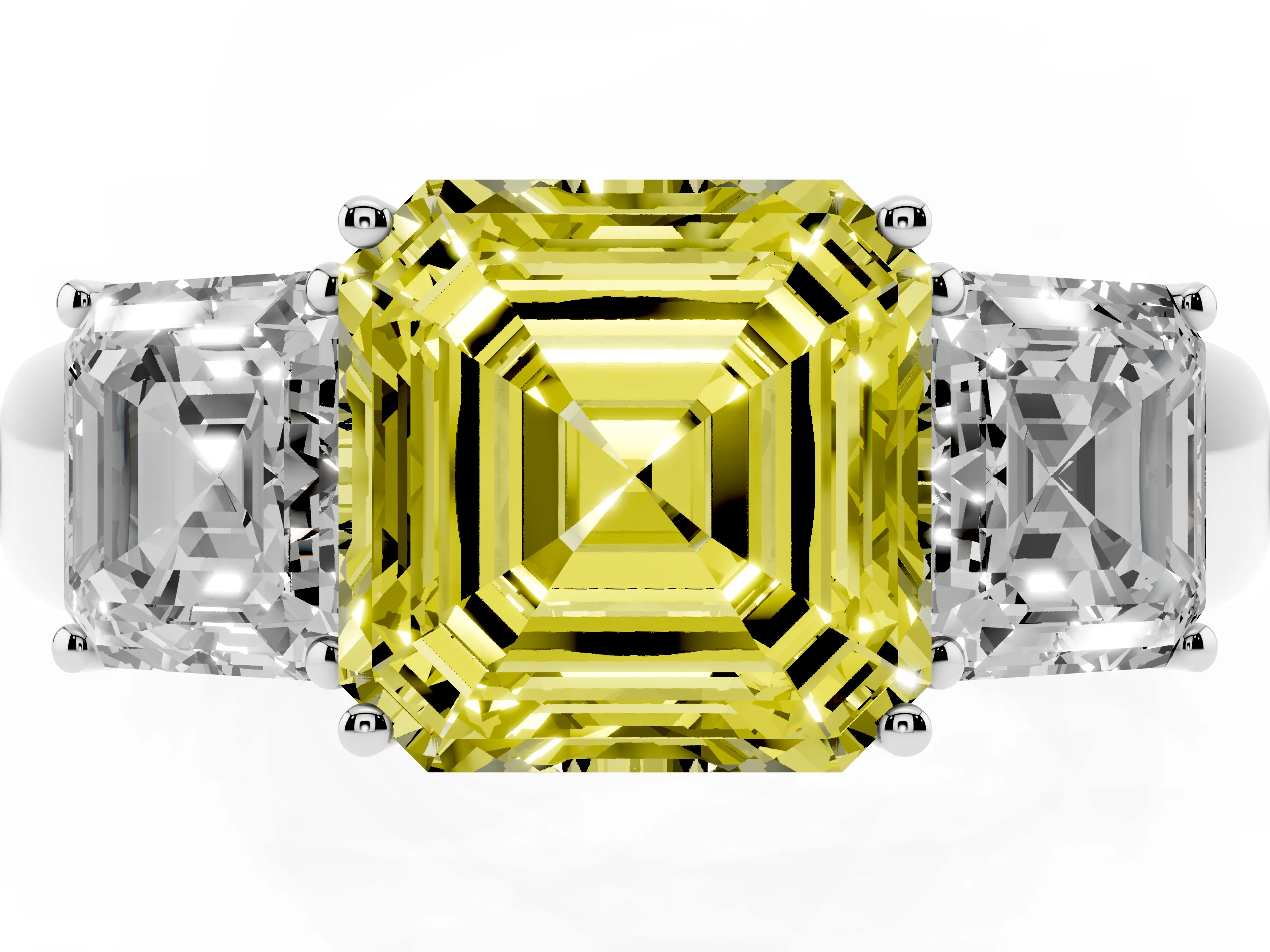 Fancy Yellow Three-Stone Asscher Cut Diamond Ring Set in Silver with Matching Prong Settings and Plain Band