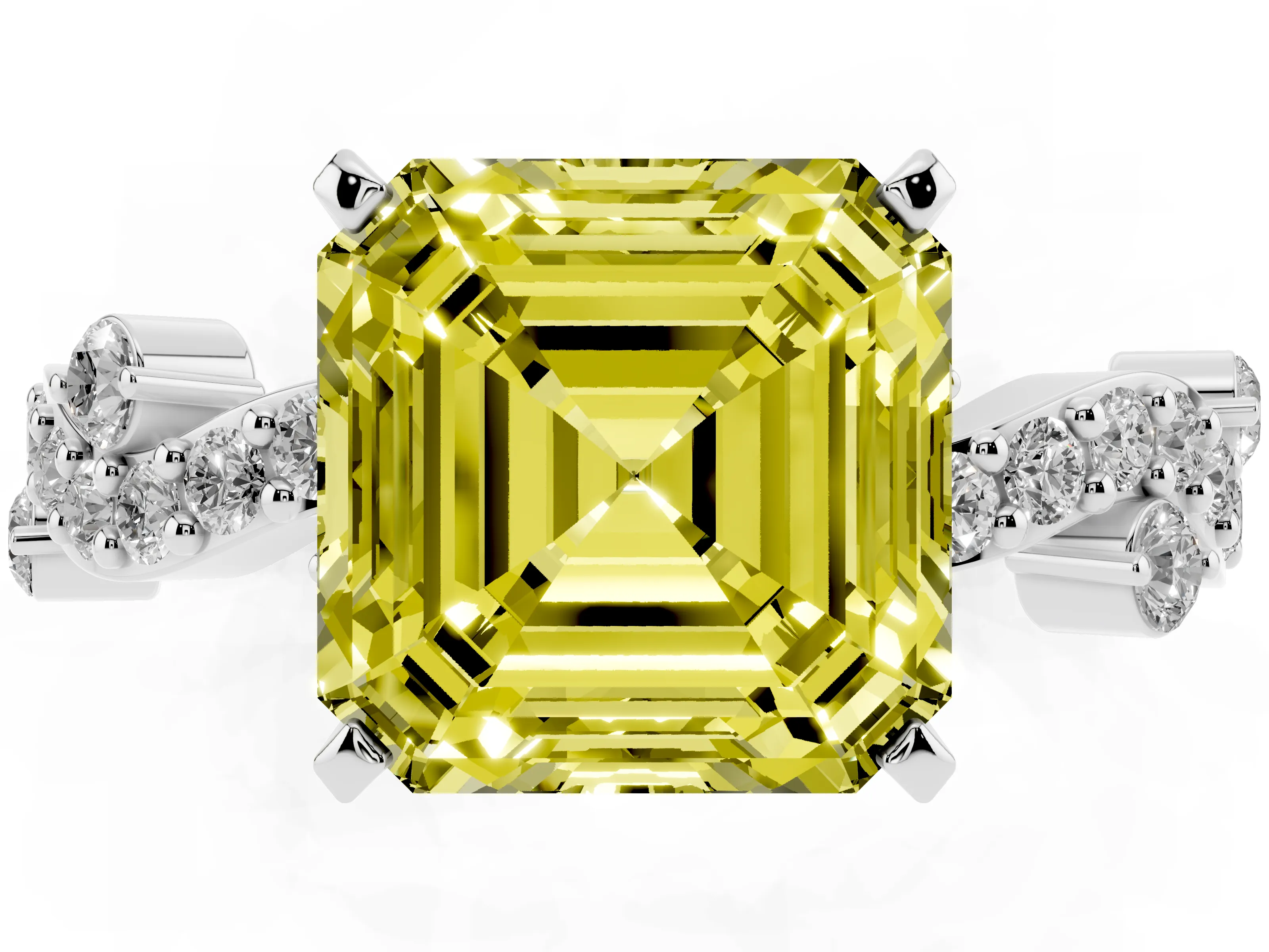 Fancy Yellow Asscher Cut Diamond Solitaire Twisted Band Set in Silver with Pavé Setting