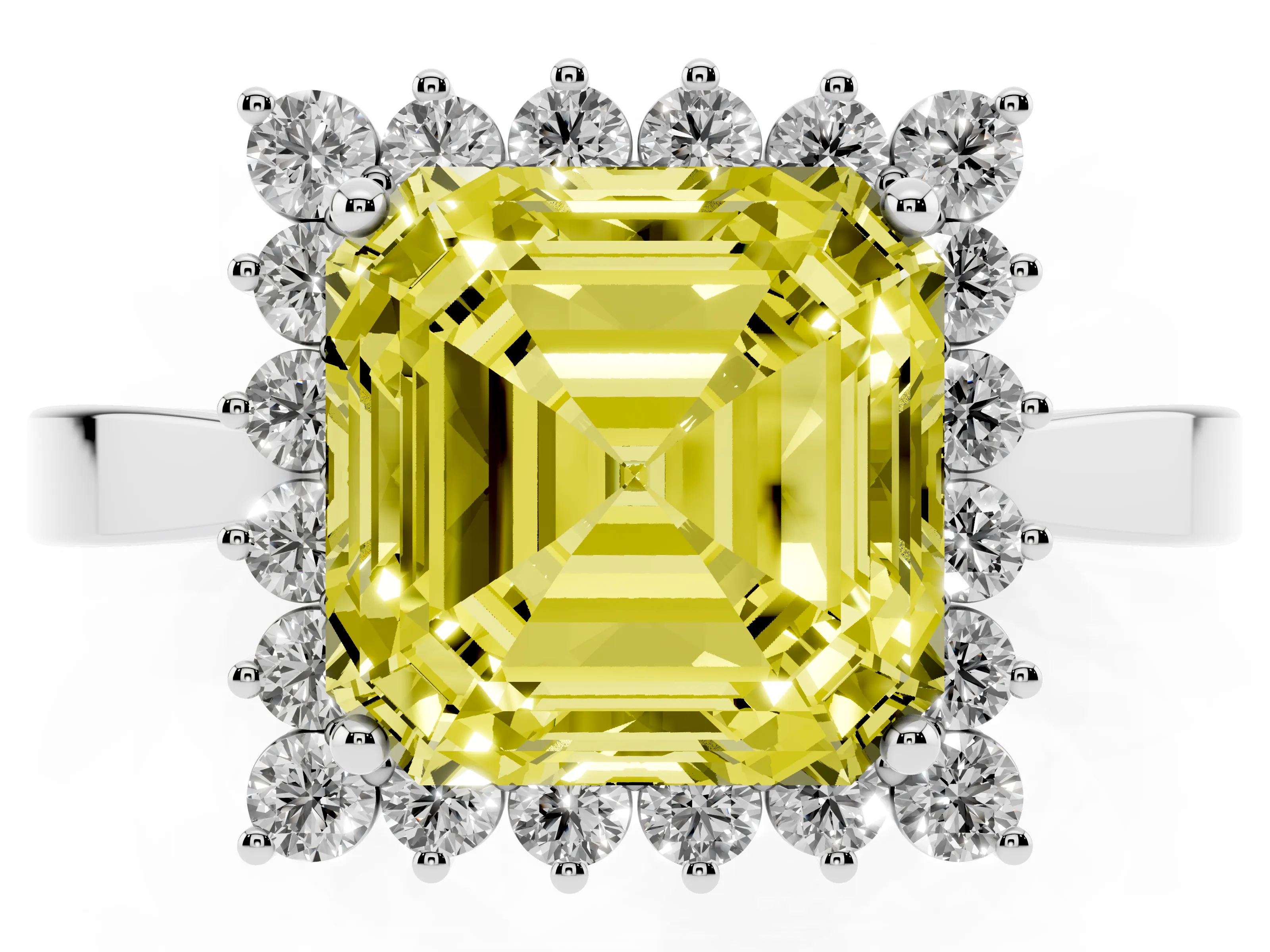 Fancy Yellow Asscher Cut Diamond Halo Ring Set in White gold with Round Halo and Smooth Solitaire Band