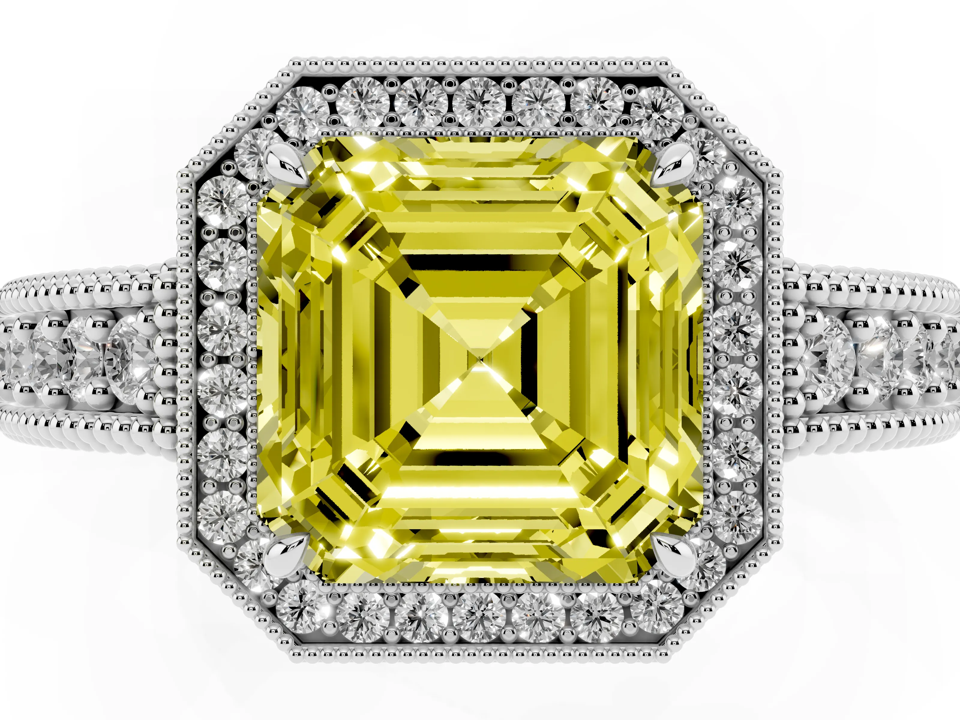 Fancy Yellow Asscher Cut Diamond Halo Ring Set in White gold with Round Accent Halo, Pavé Band and Prong Setting