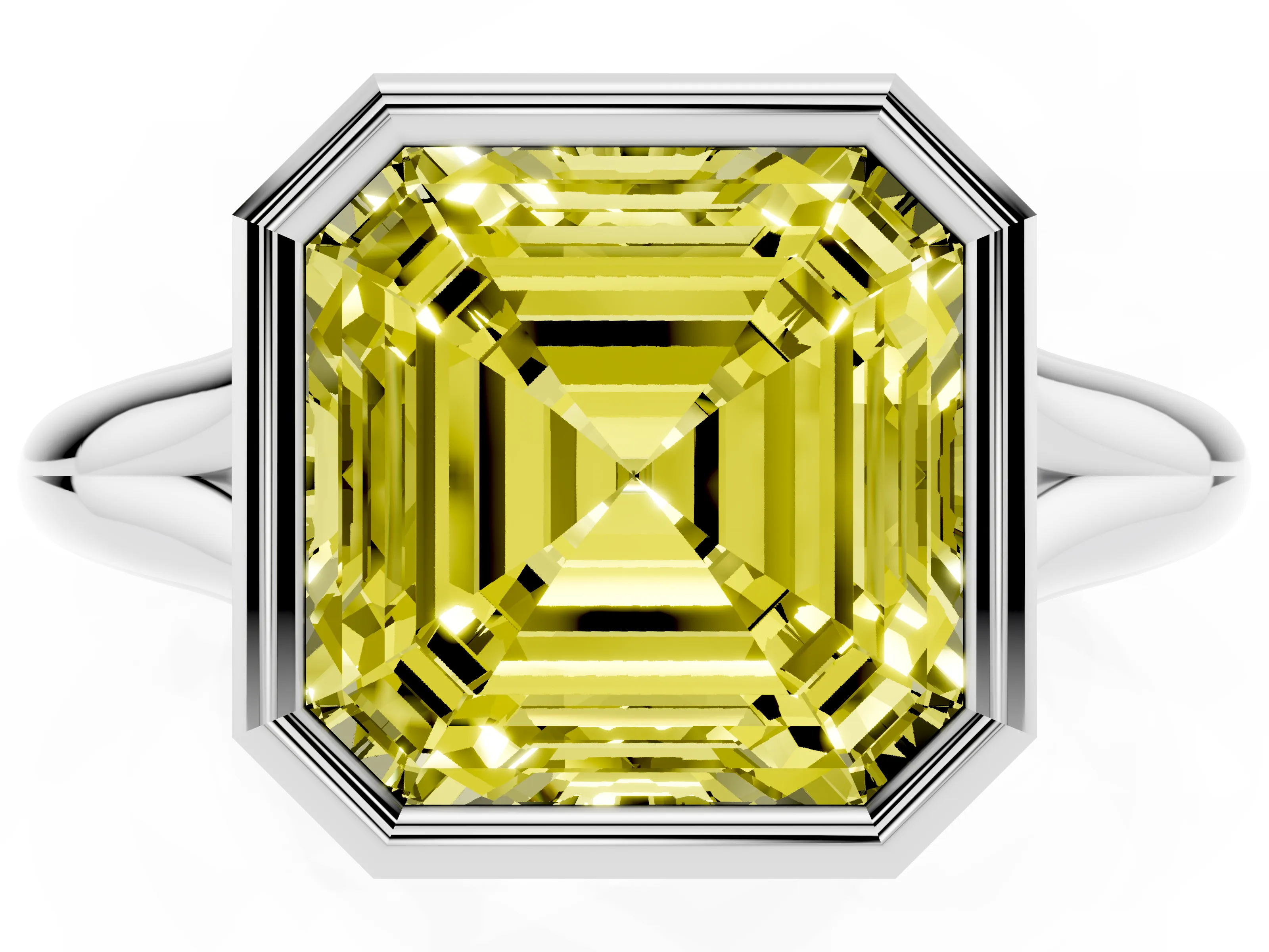 Fancy Yellow Bezel Set Asscher Cut Diamond Solitaire Ring Set in Silver with Smooth Band