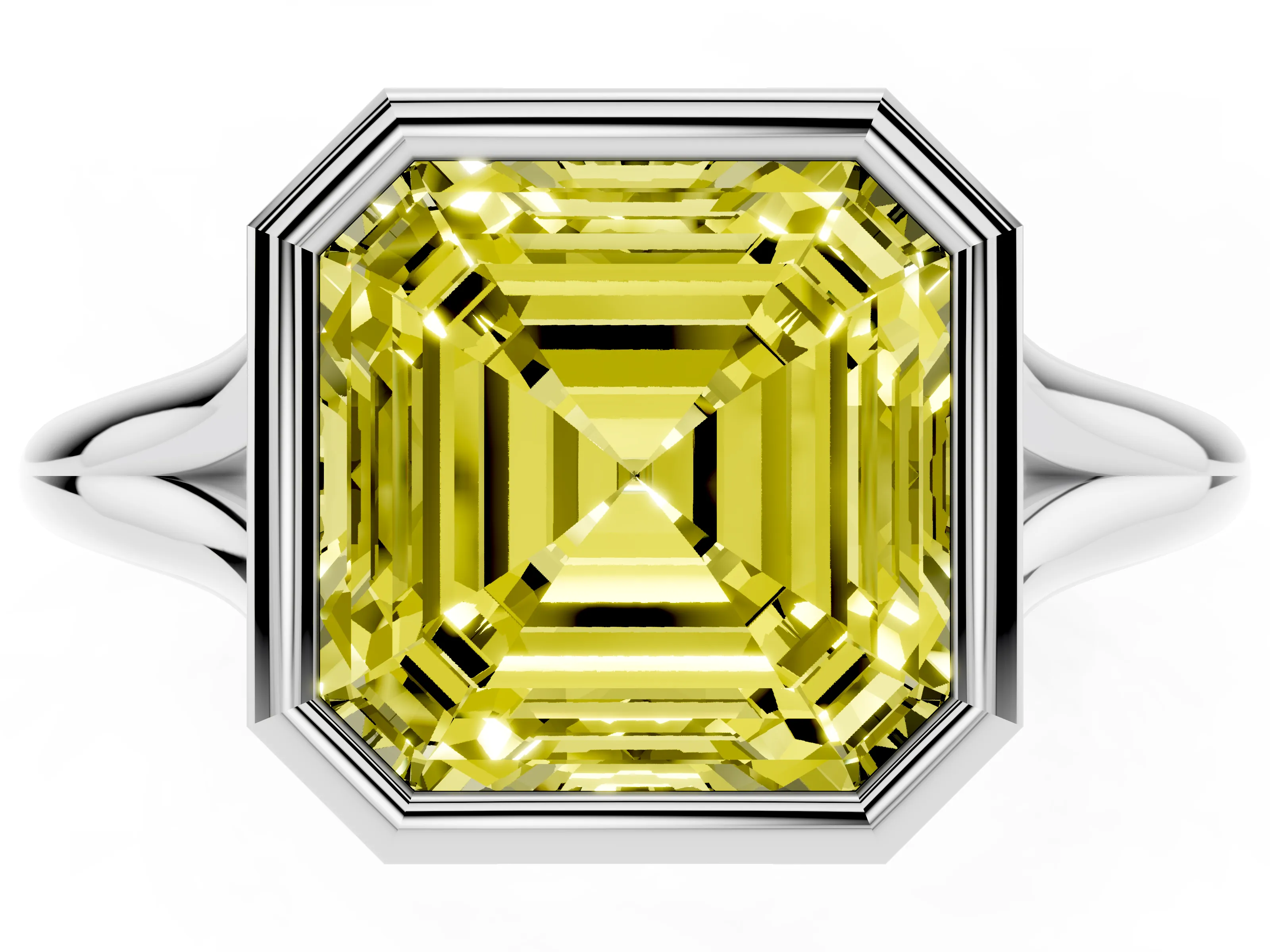 Fancy Yellow Bezel Set Asscher Cut Diamond Solitaire Ring Set in Platinum with Tapered Band